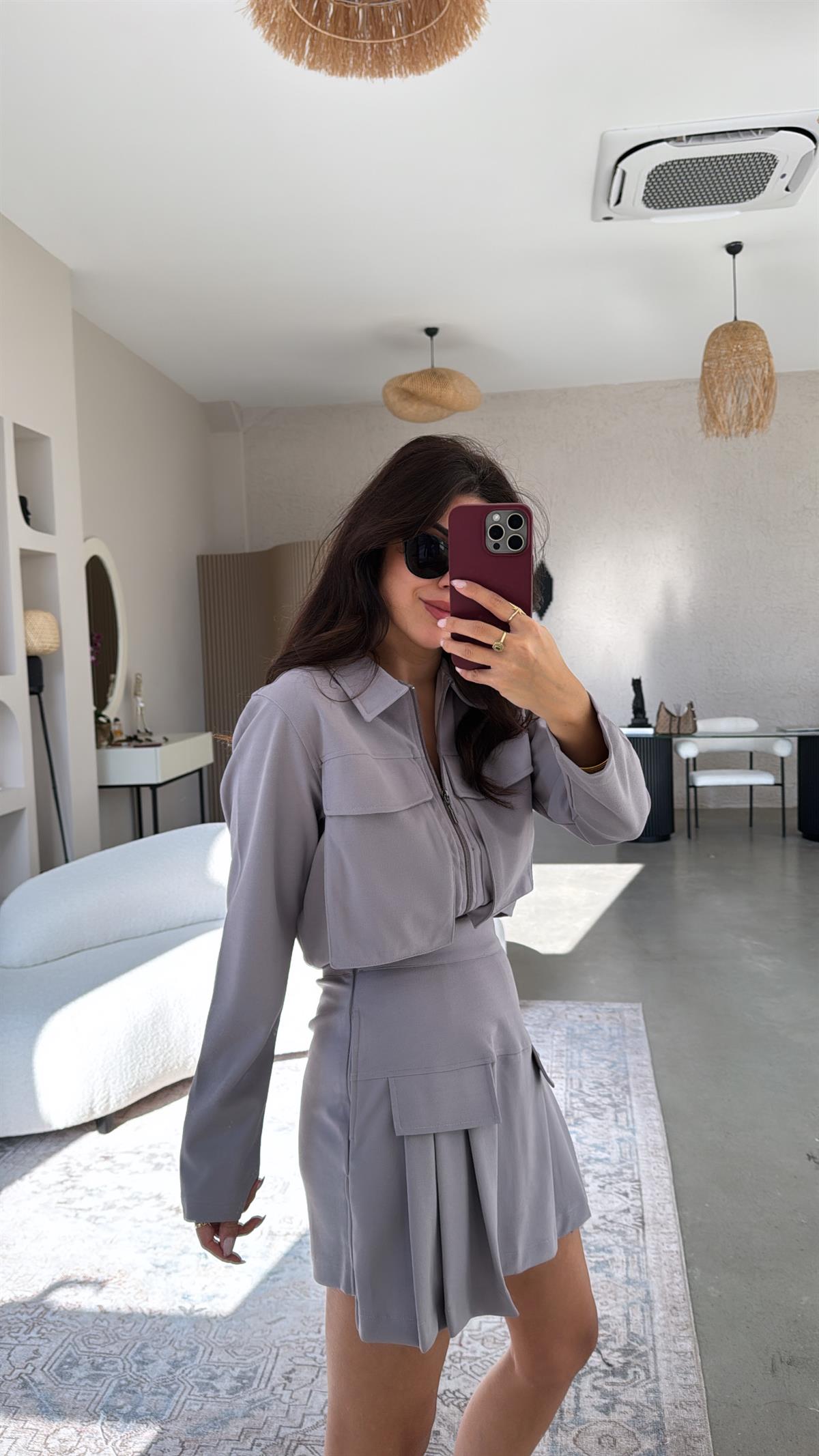 Gri Fermuarlı Ceket Şort Etek Takım