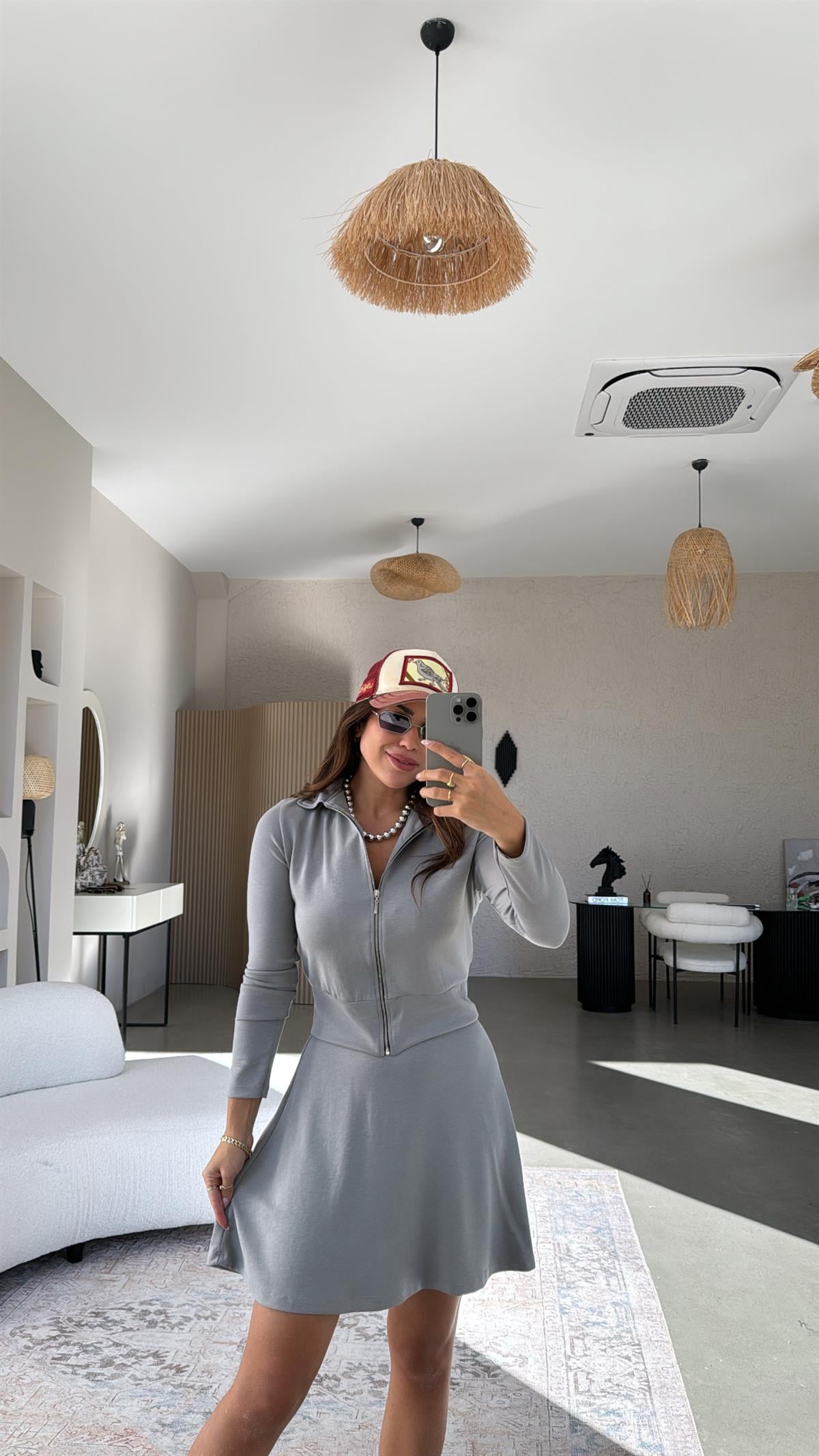 Gri Fermuarlı Modal Mini Etekli Takım