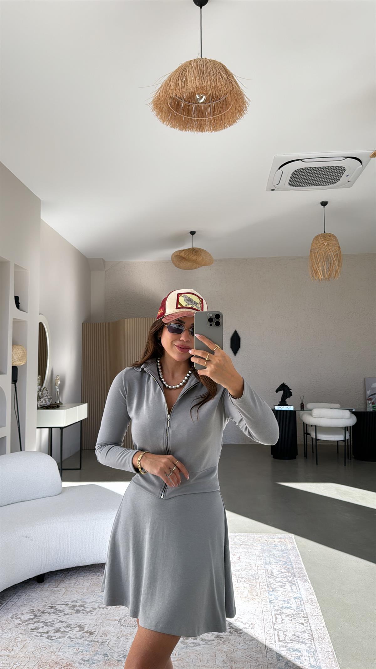 Gri Fermuarlı Modal Mini Etekli Takım