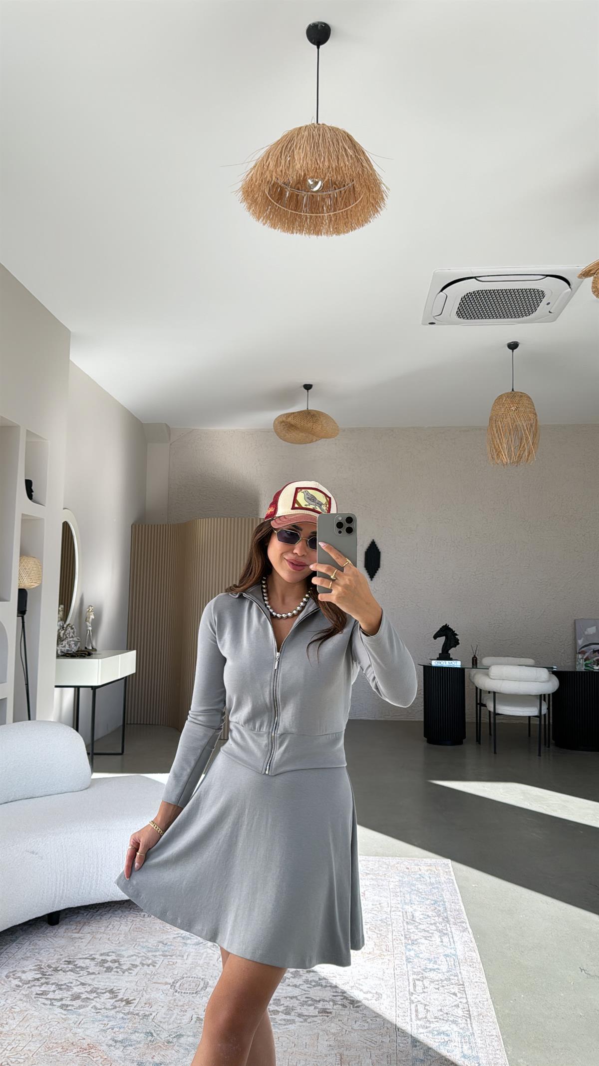 Gri Fermuarlı Modal Mini Etekli Takım