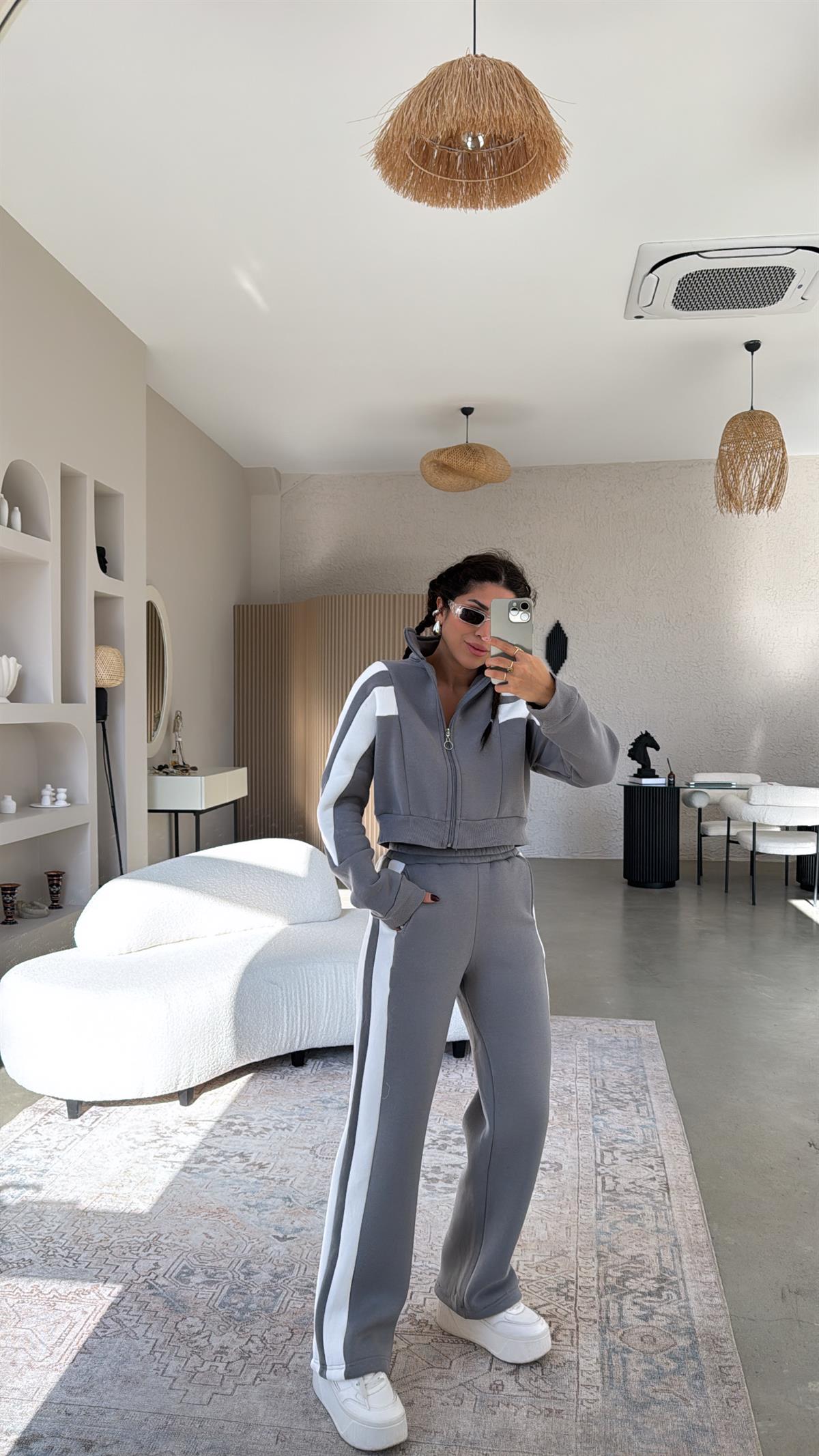 Gri Garnili Üç İplik Takım