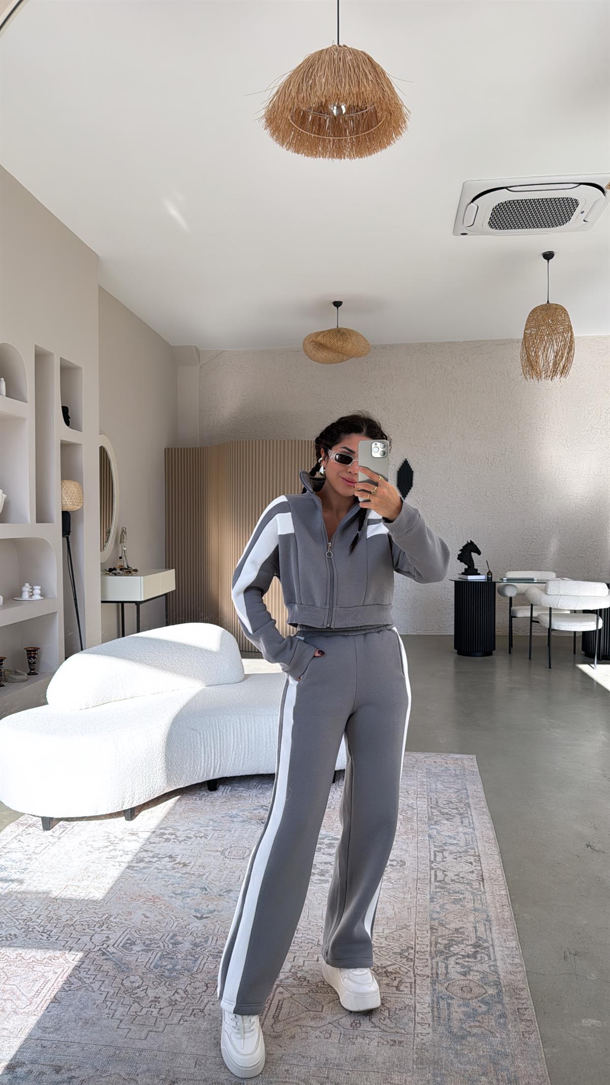 Gri Garnili Üç İplik Takım