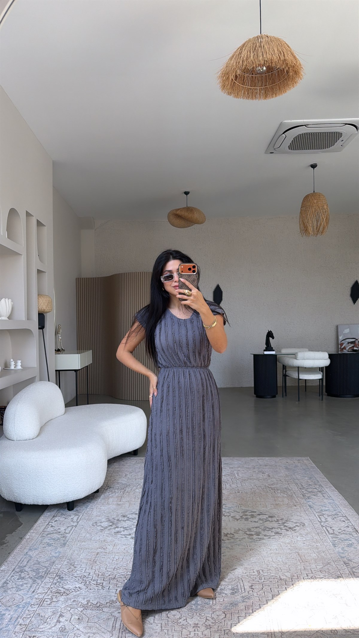 Gri Kendinden Çizgi Dokulu Beli Lastikli Maxi Bürümcük Elbise
