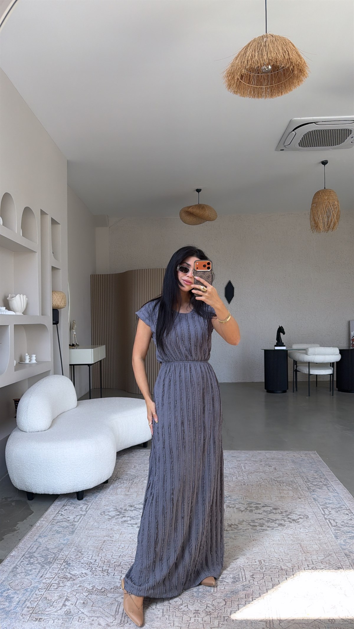 Gri Kendinden Çizgi Dokulu Beli Lastikli Maxi Bürümcük Elbise