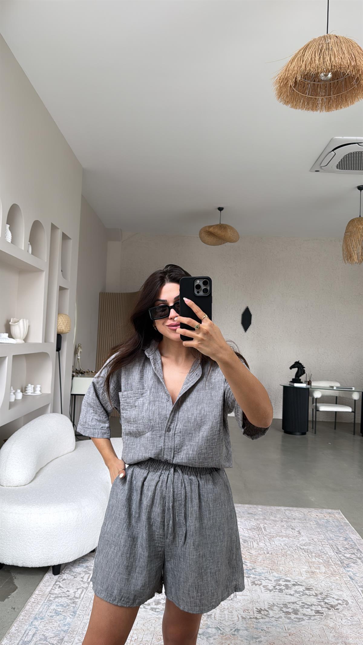 Gri Keten Gömlek Şort Takım