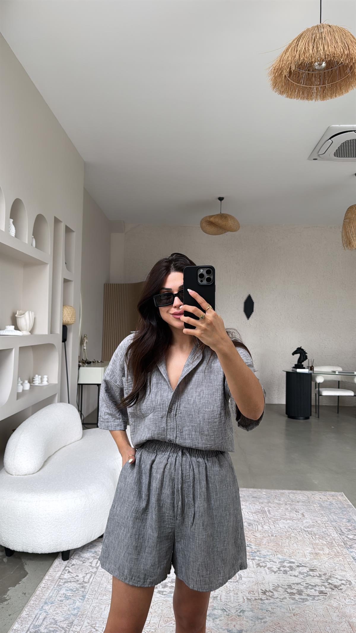 Gri Keten Gömlek Şort Takım