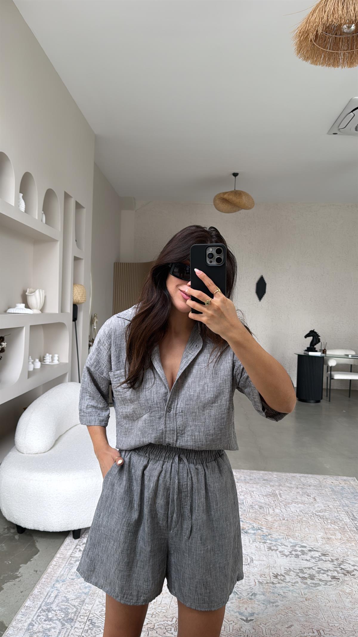 Gri Keten Gömlek Şort Takım