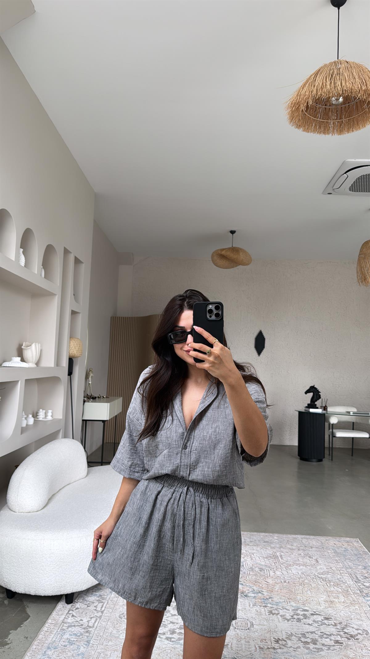 Gri Keten Gömlek Şort Takım