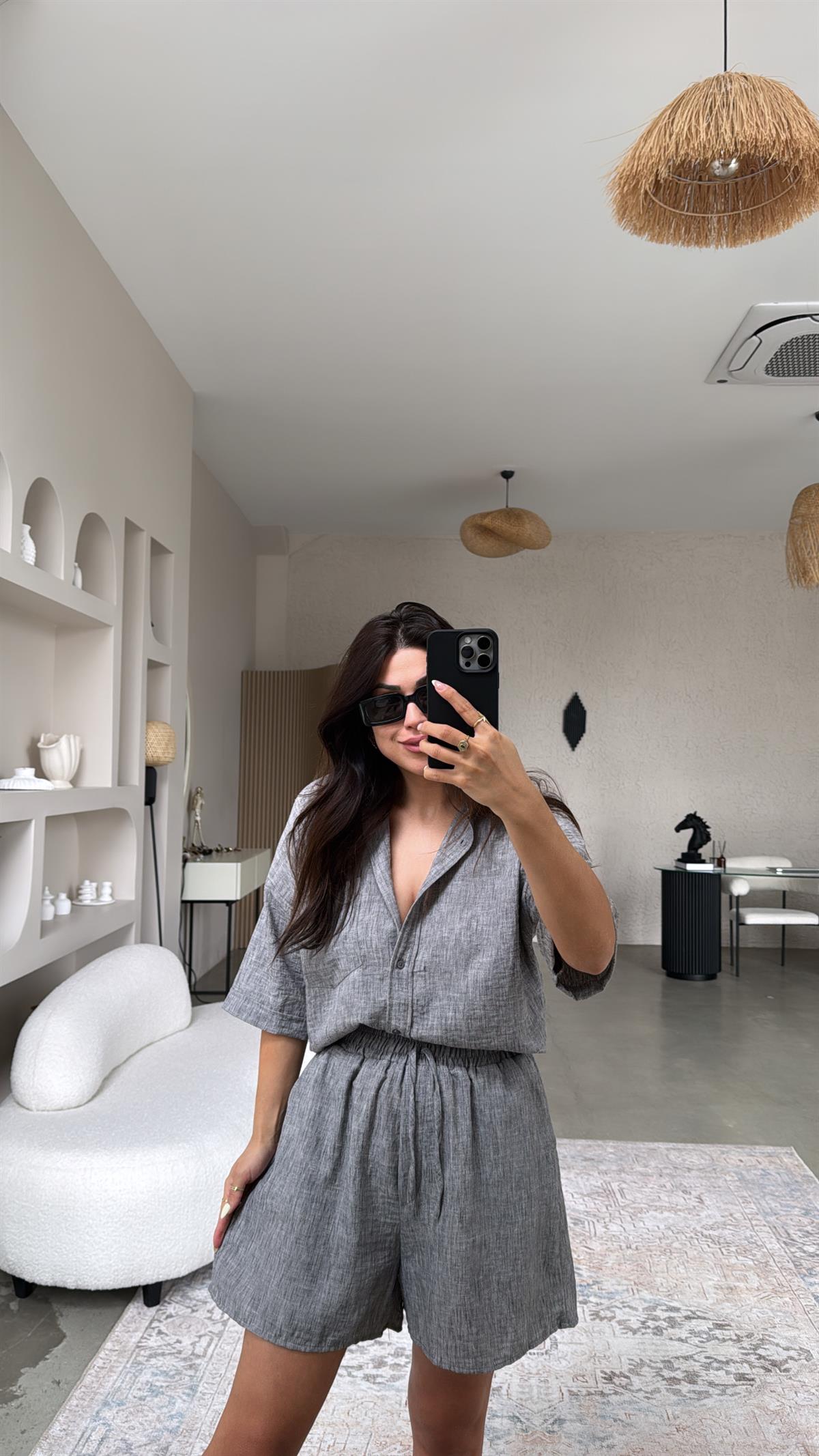 Gri Keten Gömlek Şort Takım