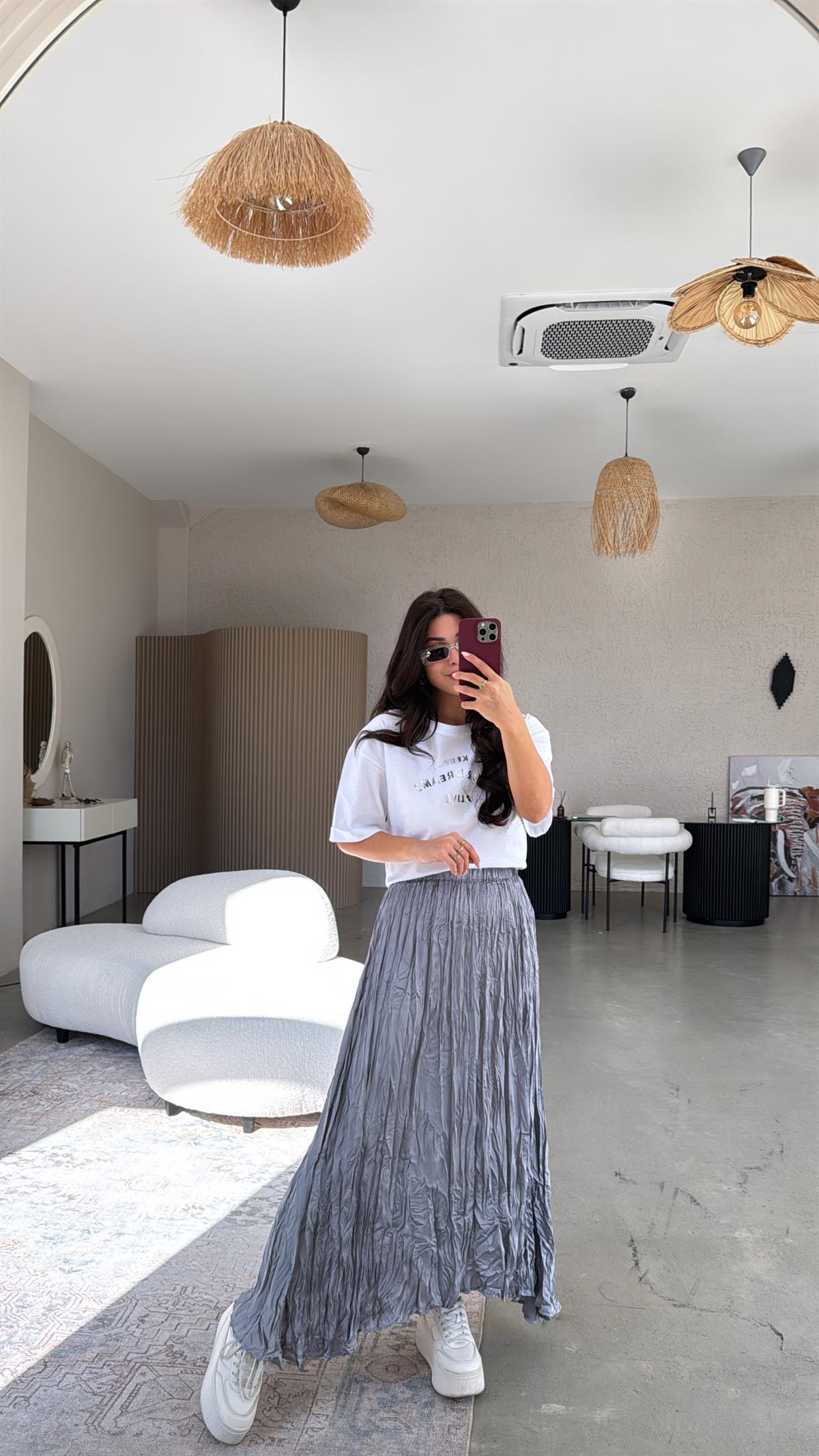 Gri Kırışık Asimetrik Etek