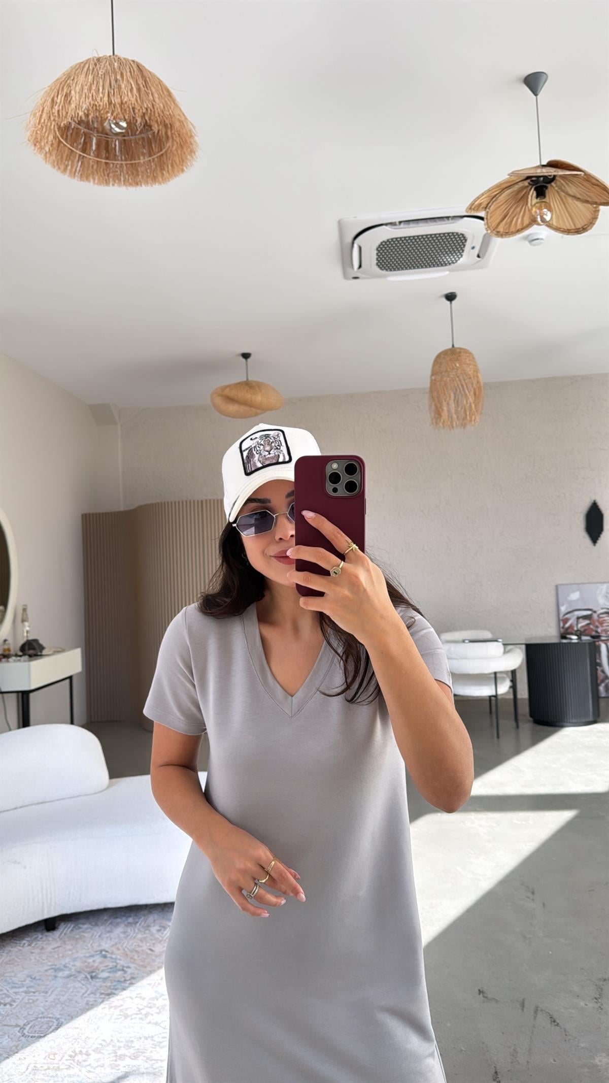 Gri Kısa Kol V Yaka Basic Elbise