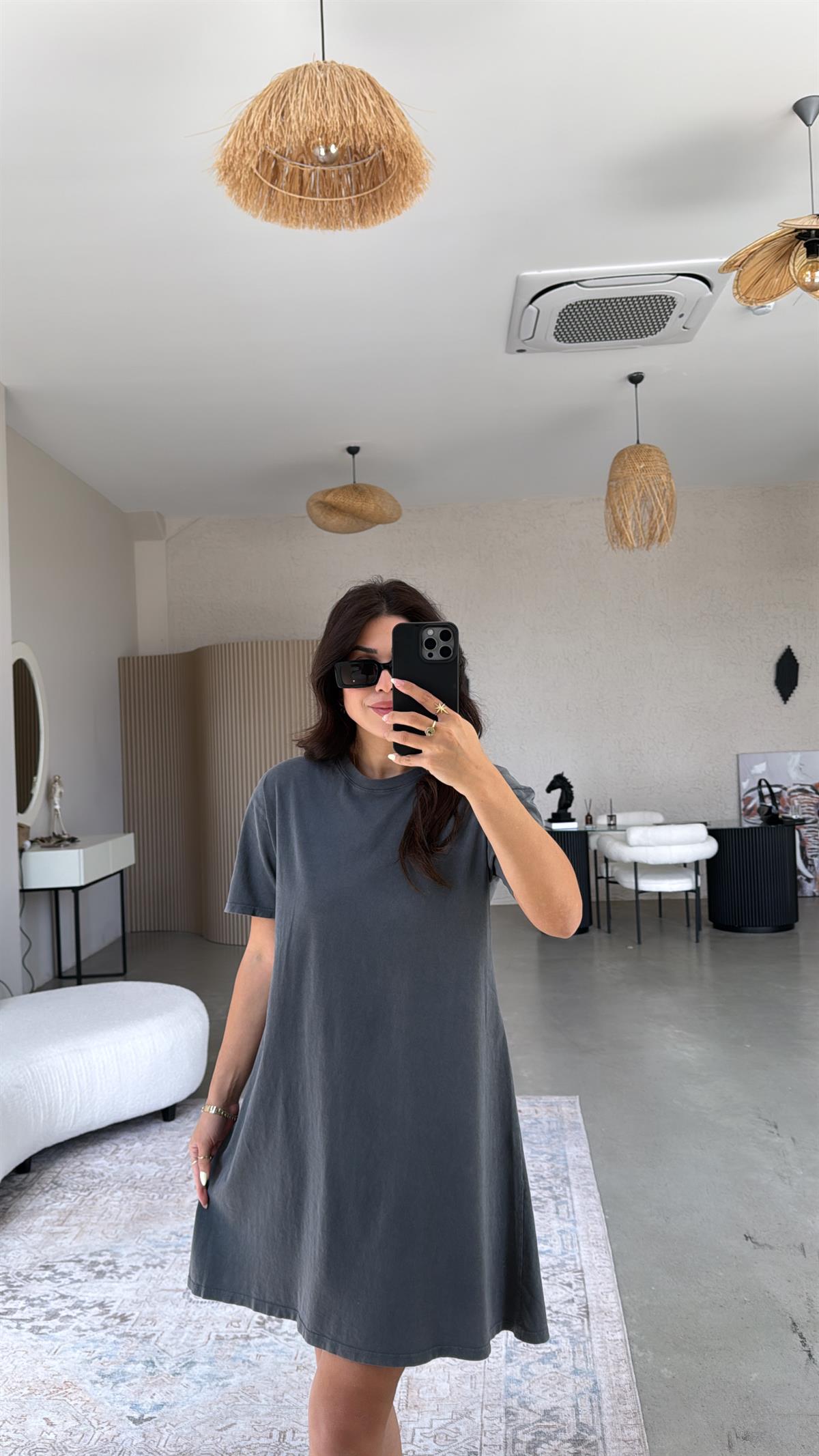 Gri Kısa Kollu Yıkamalı Elbise