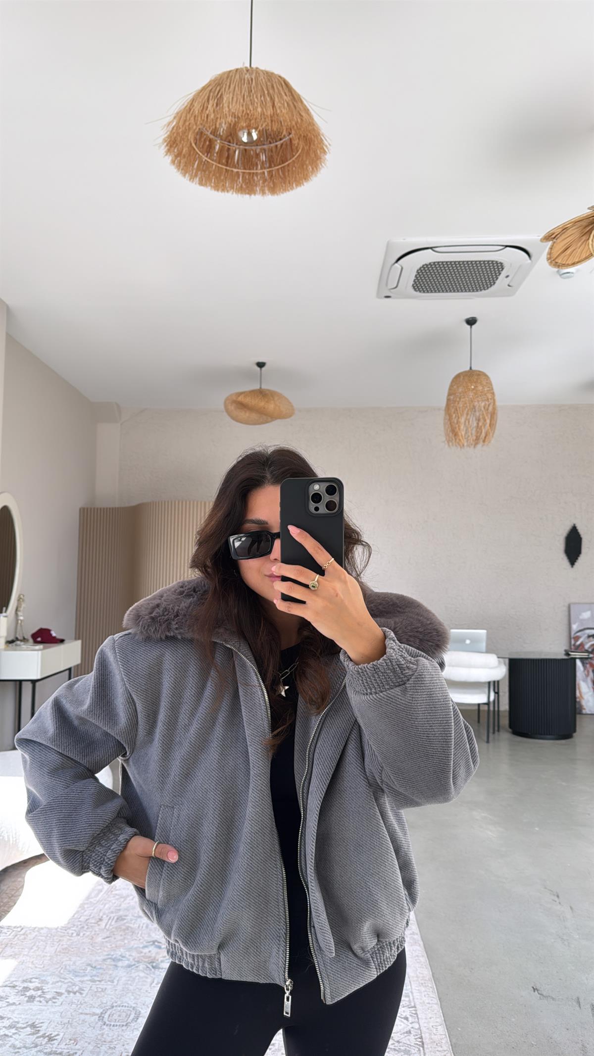 Gri Kürklü Fermuarlı Premium Kaşe Ceket