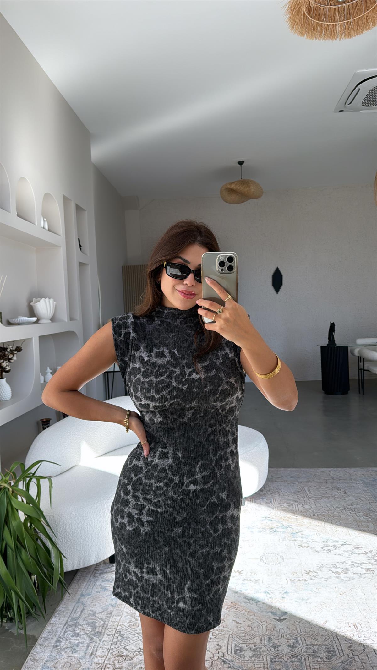 Gri Leopar Desen Bürümcük Elbise