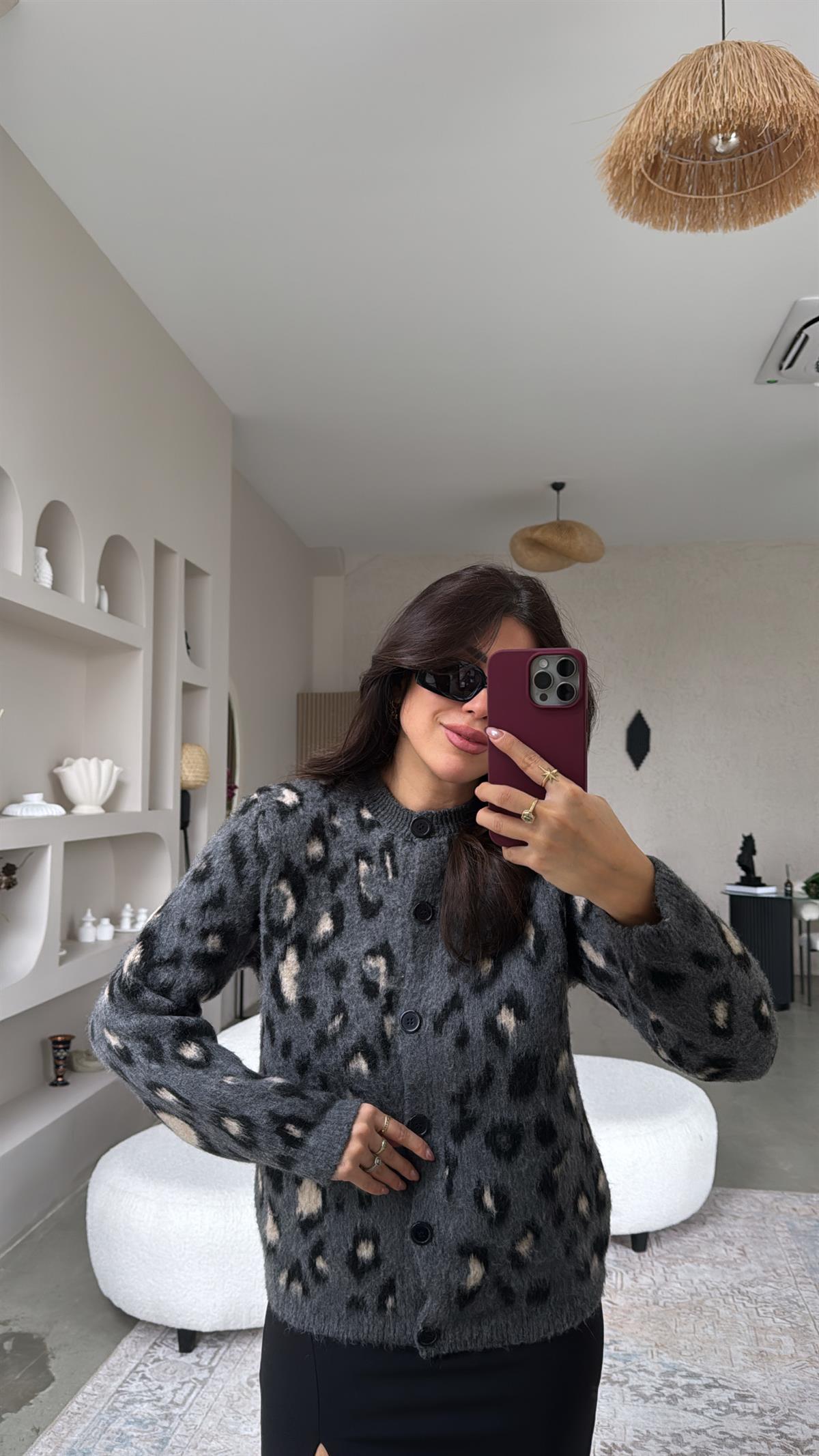 Gri Leopar Yumoş Hırka