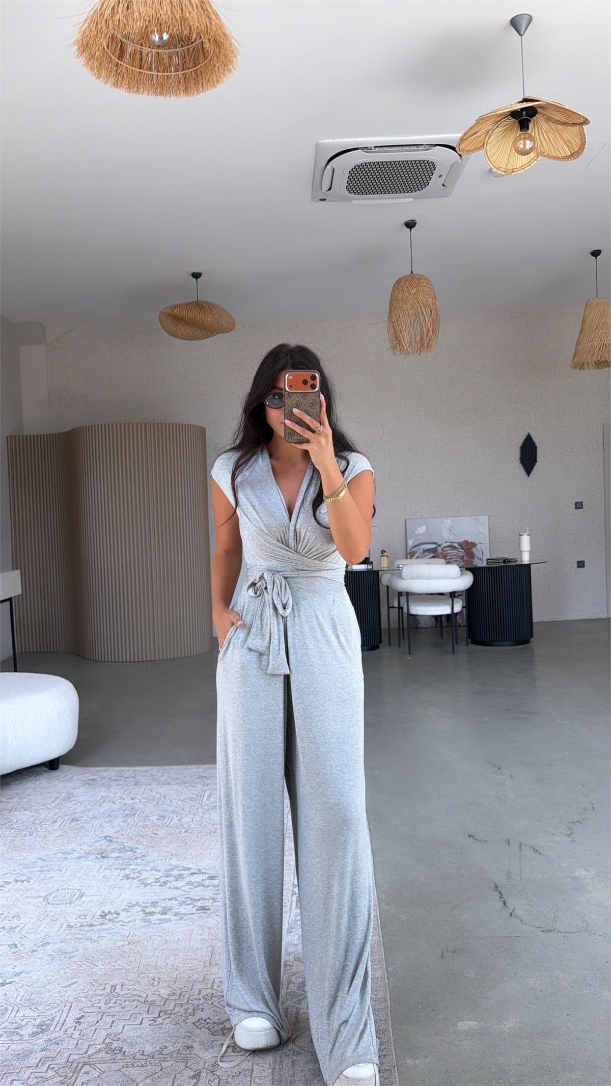 Gri Melanj Derin V Yaka İnce Kumaşlı Tulum