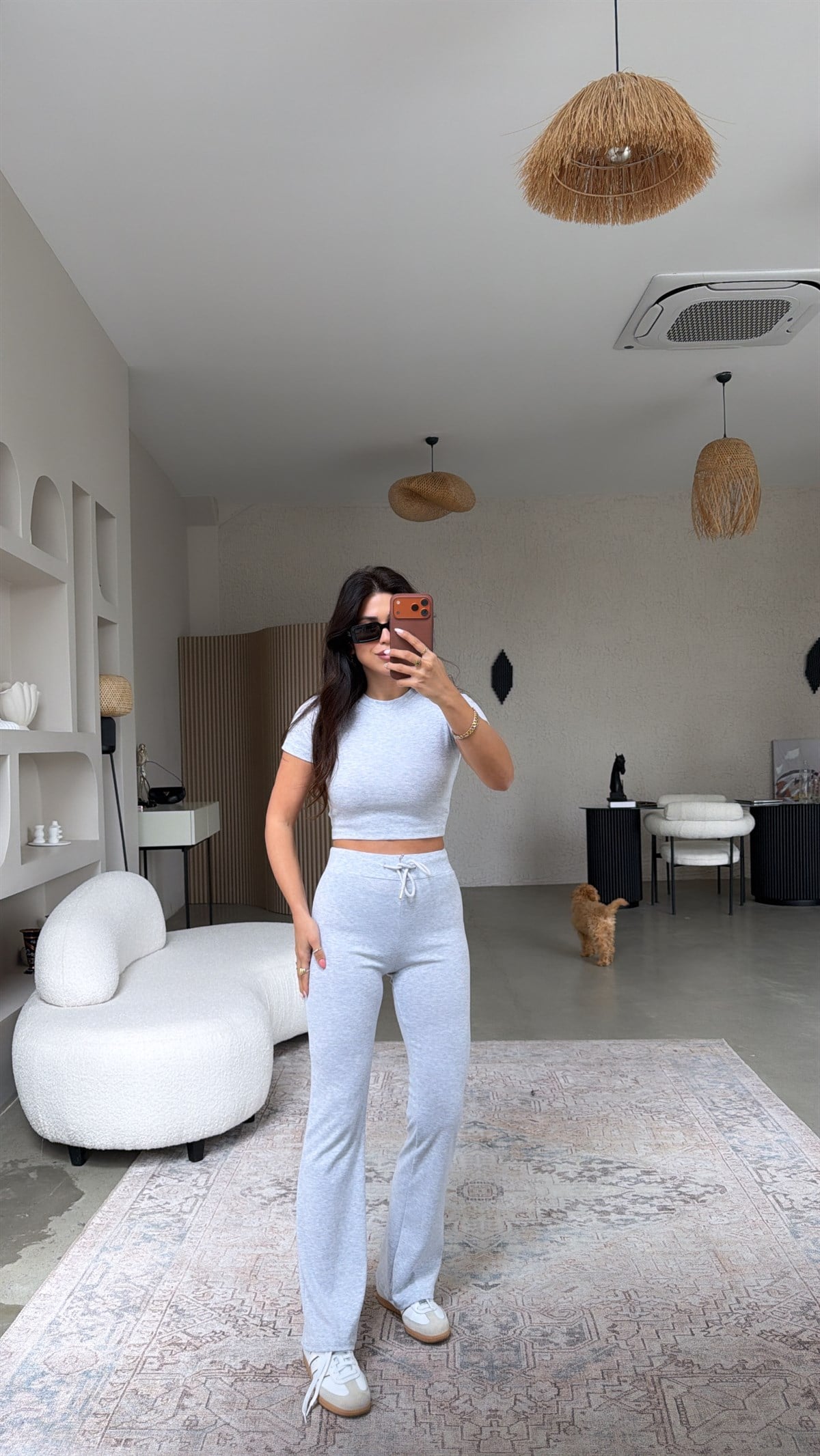 Gri Melanj Pamuklu Tayt Crop Takım