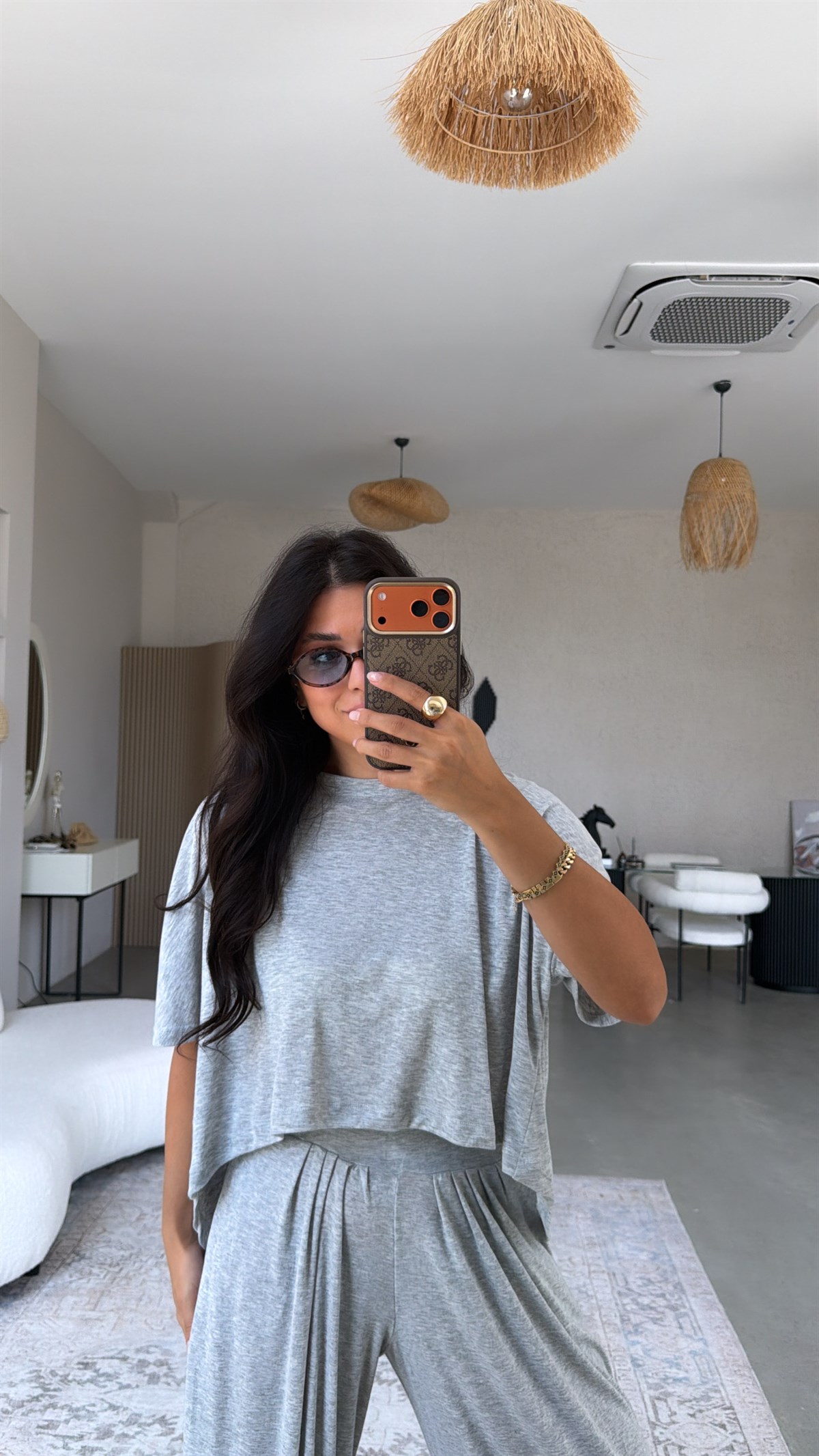 Gri Melanj Ribana Salaş Tshirt Şalvar Takım