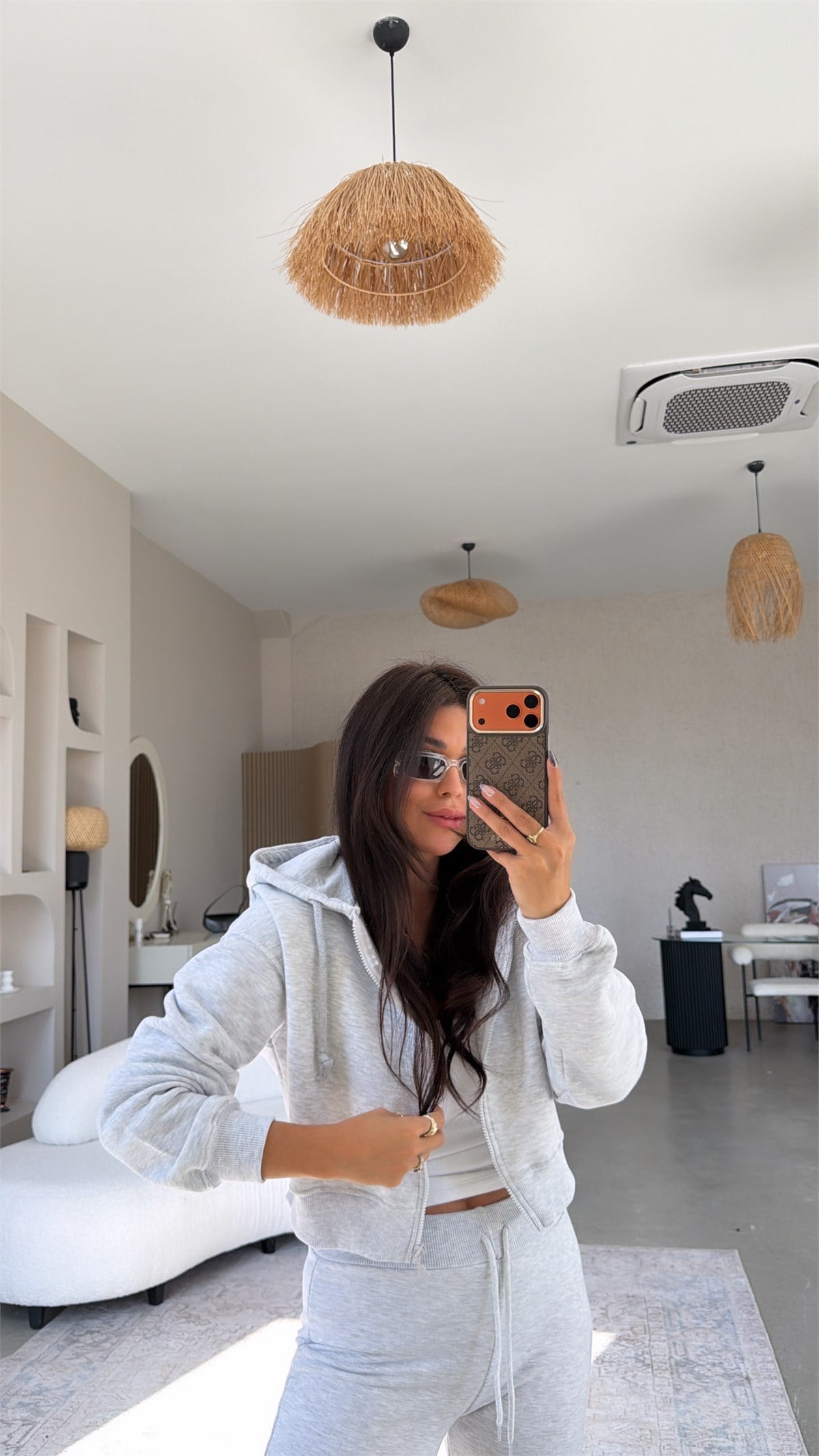 Gri Melanj Üç İplik Fermuarlı Crop Hoodie