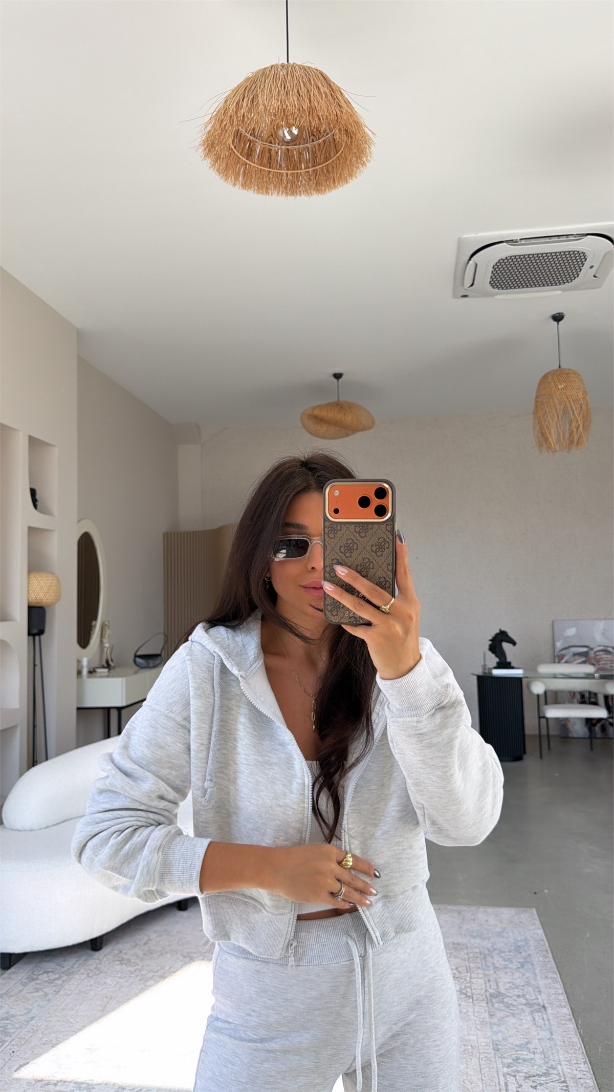 Gri Melanj Üç İplik Fermuarlı Crop Hoodie