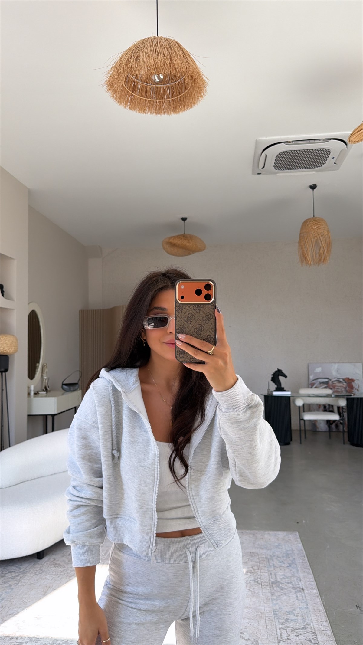 Gri Melanj Üç İplik Fermuarlı Crop Hoodie