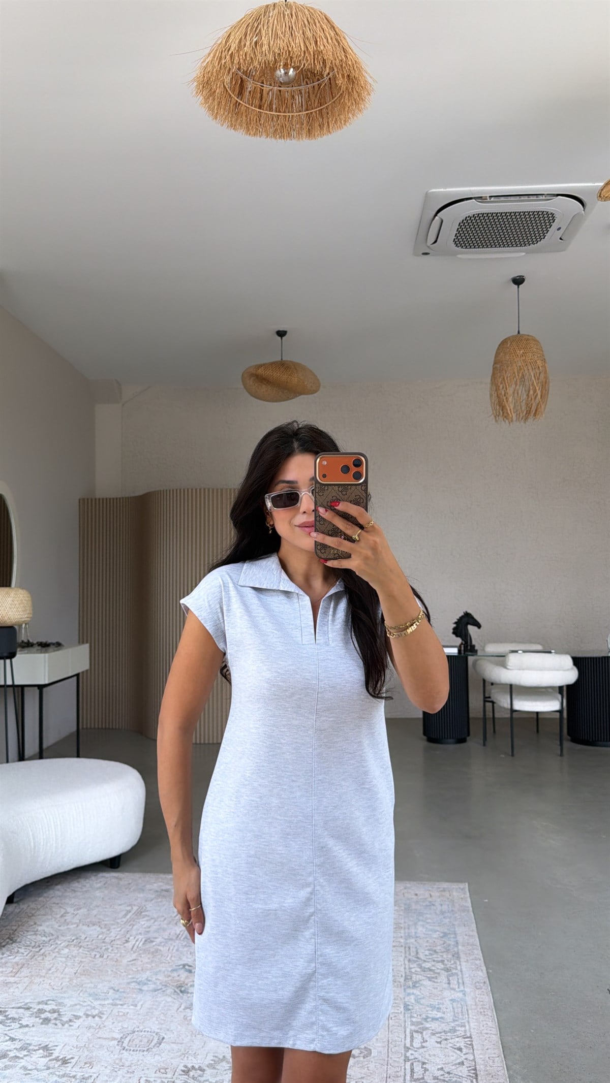 Gri Melanj Yakalı Önü Çımalı Cepli Basic Elbise