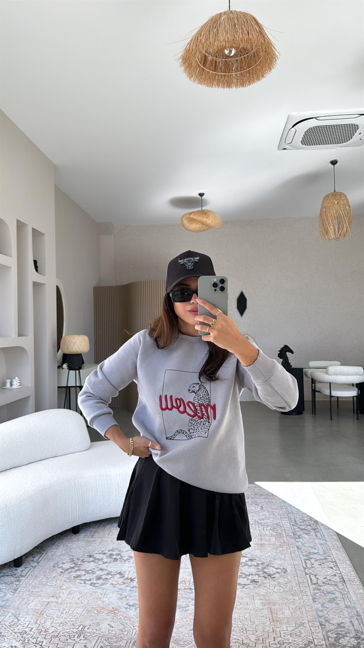 Gri Meow Baskılı Sweatshirt