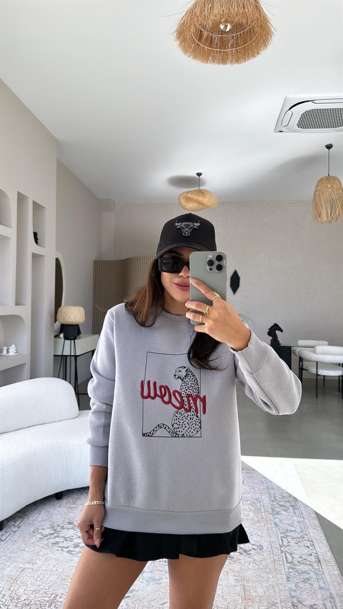 Gri Meow Baskılı Sweatshirt