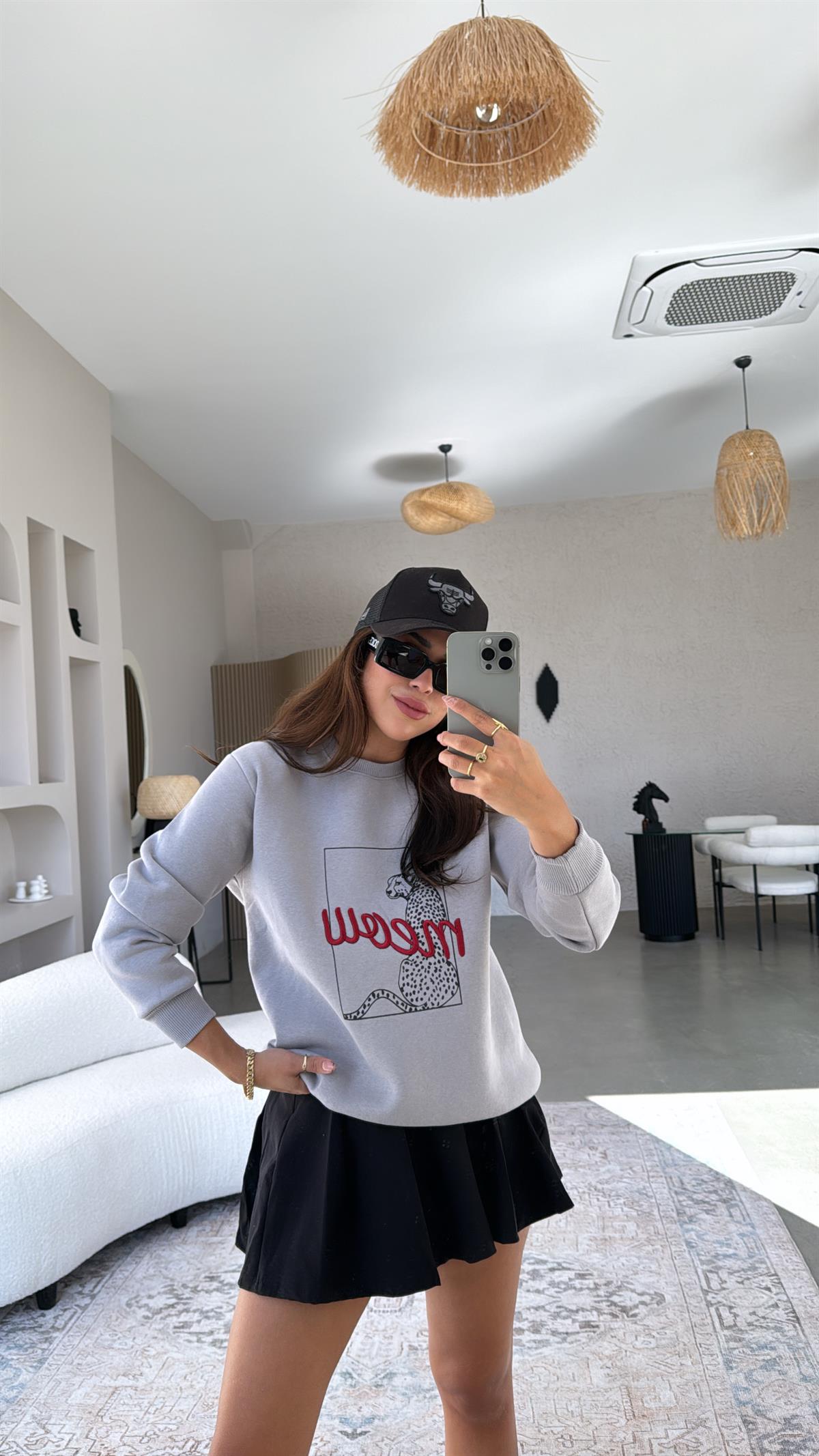 Gri Meow Baskılı Sweatshirt