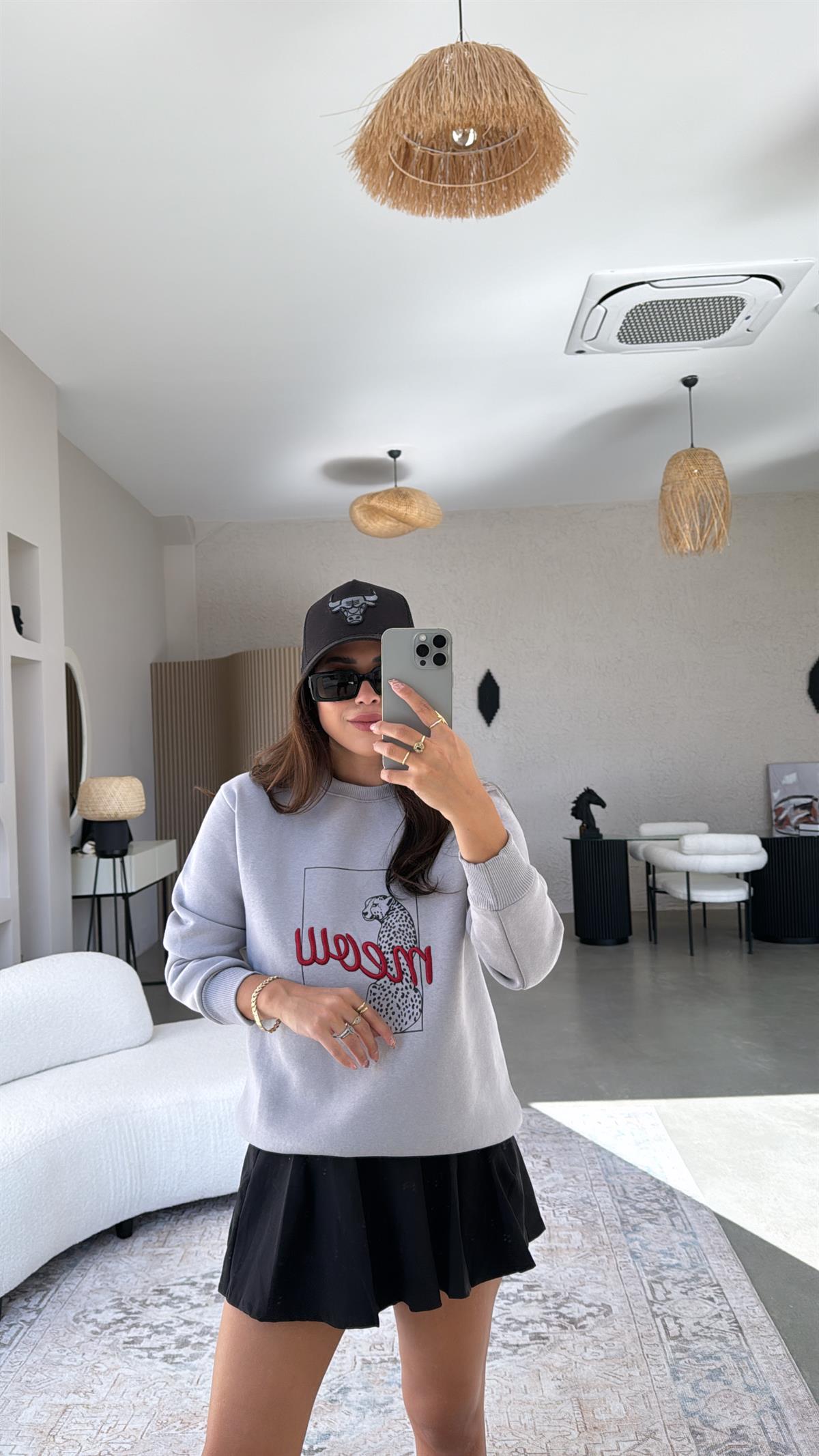 Gri Meow Baskılı Sweatshirt