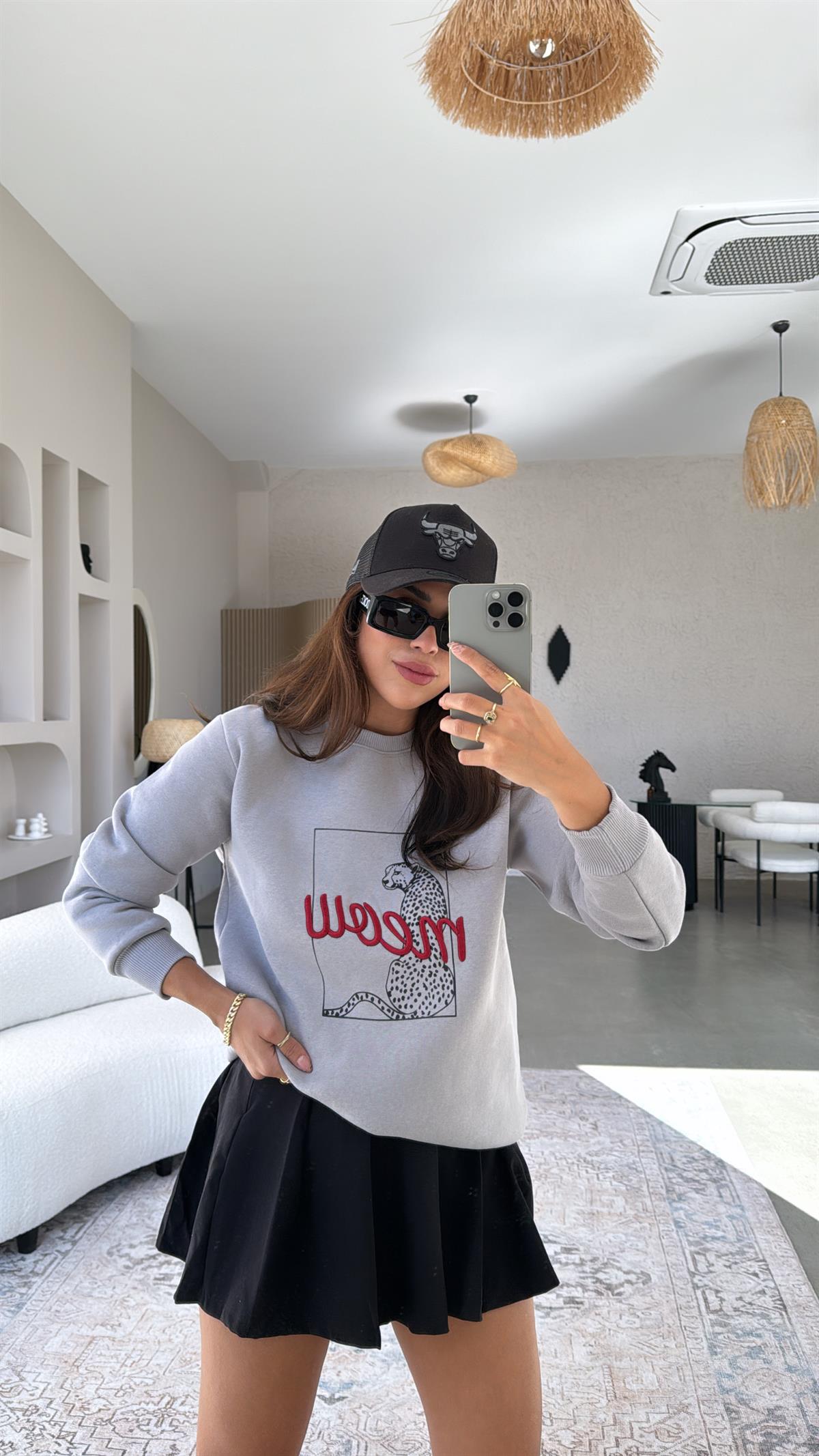 Gri Meow Baskılı Sweatshirt