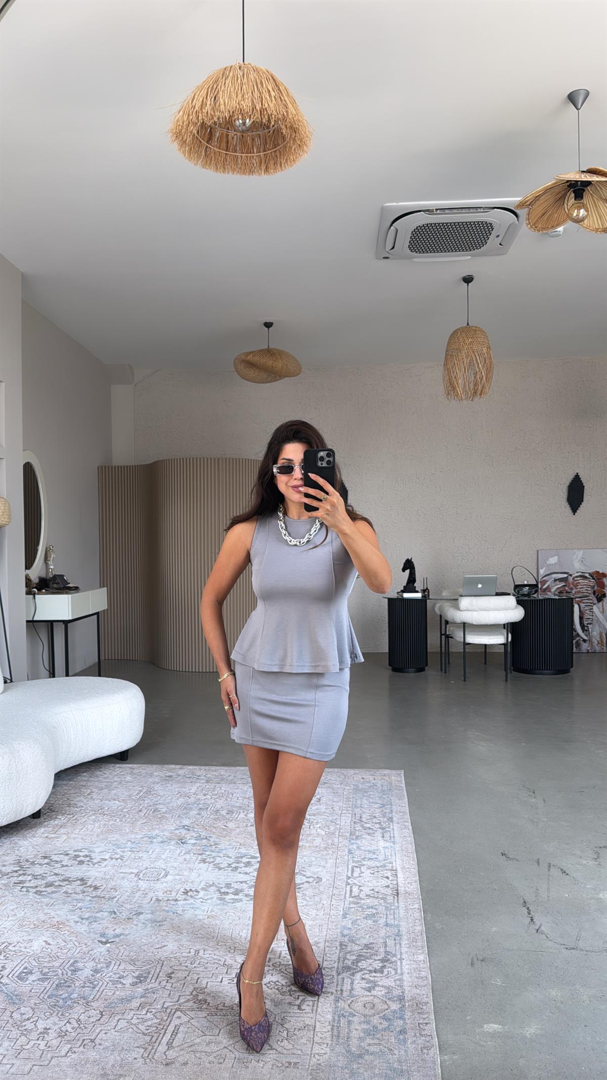 Gri Modal Mini Etek Bluz Takım