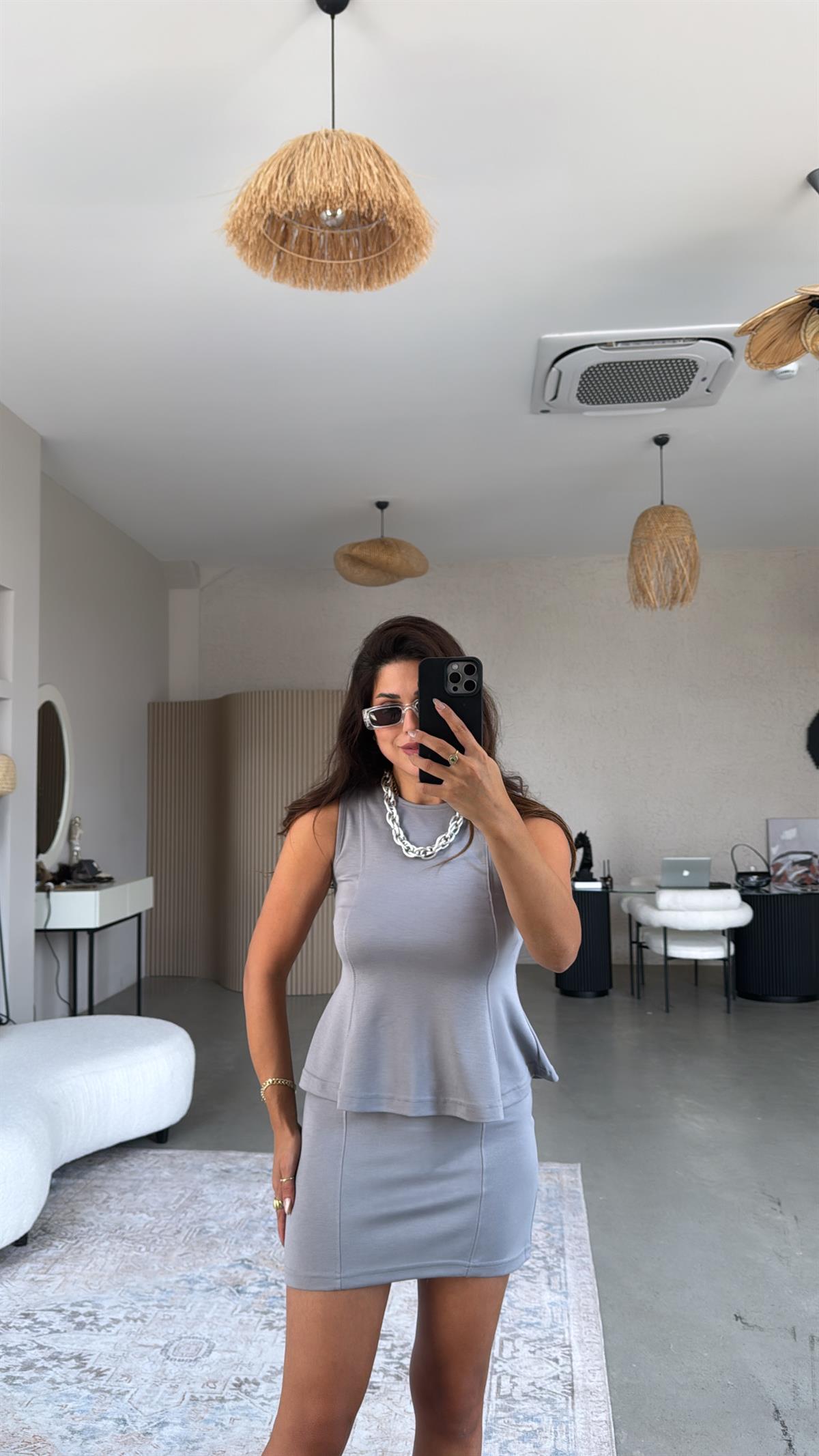 Gri Modal Mini Etek Bluz Takım