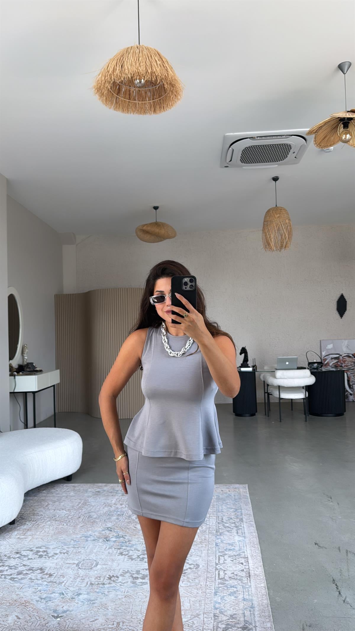 Gri Modal Mini Etek Bluz Takım