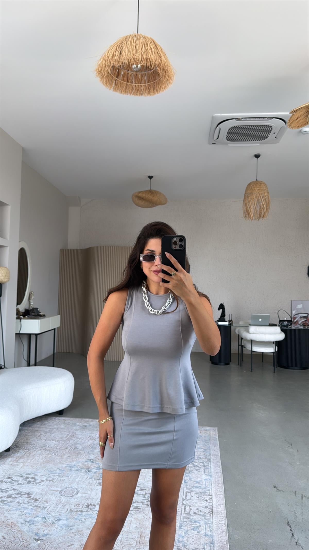 Gri Modal Mini Etek Bluz Takım