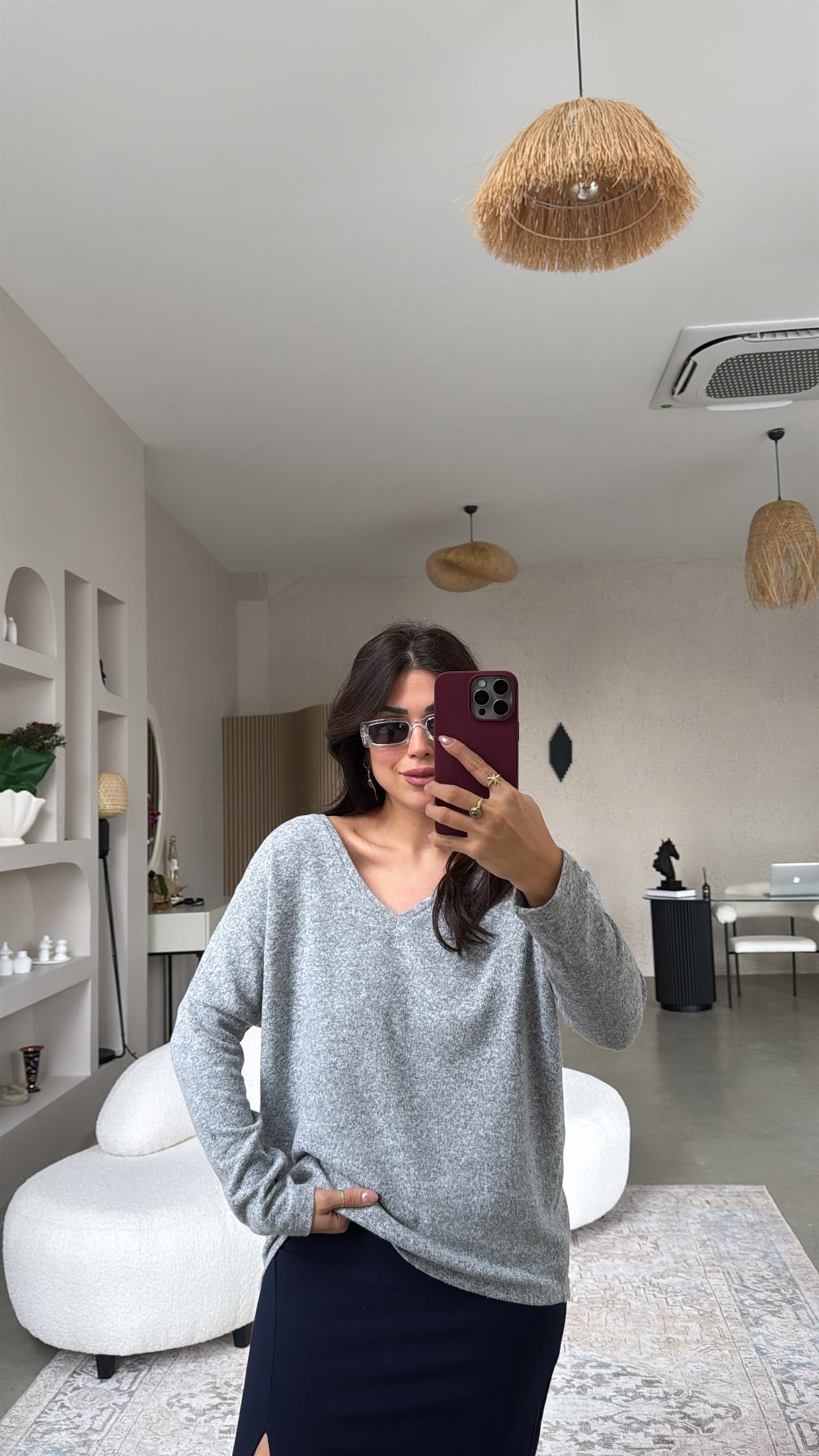 Gri Ön Arka V Yaka Bluz