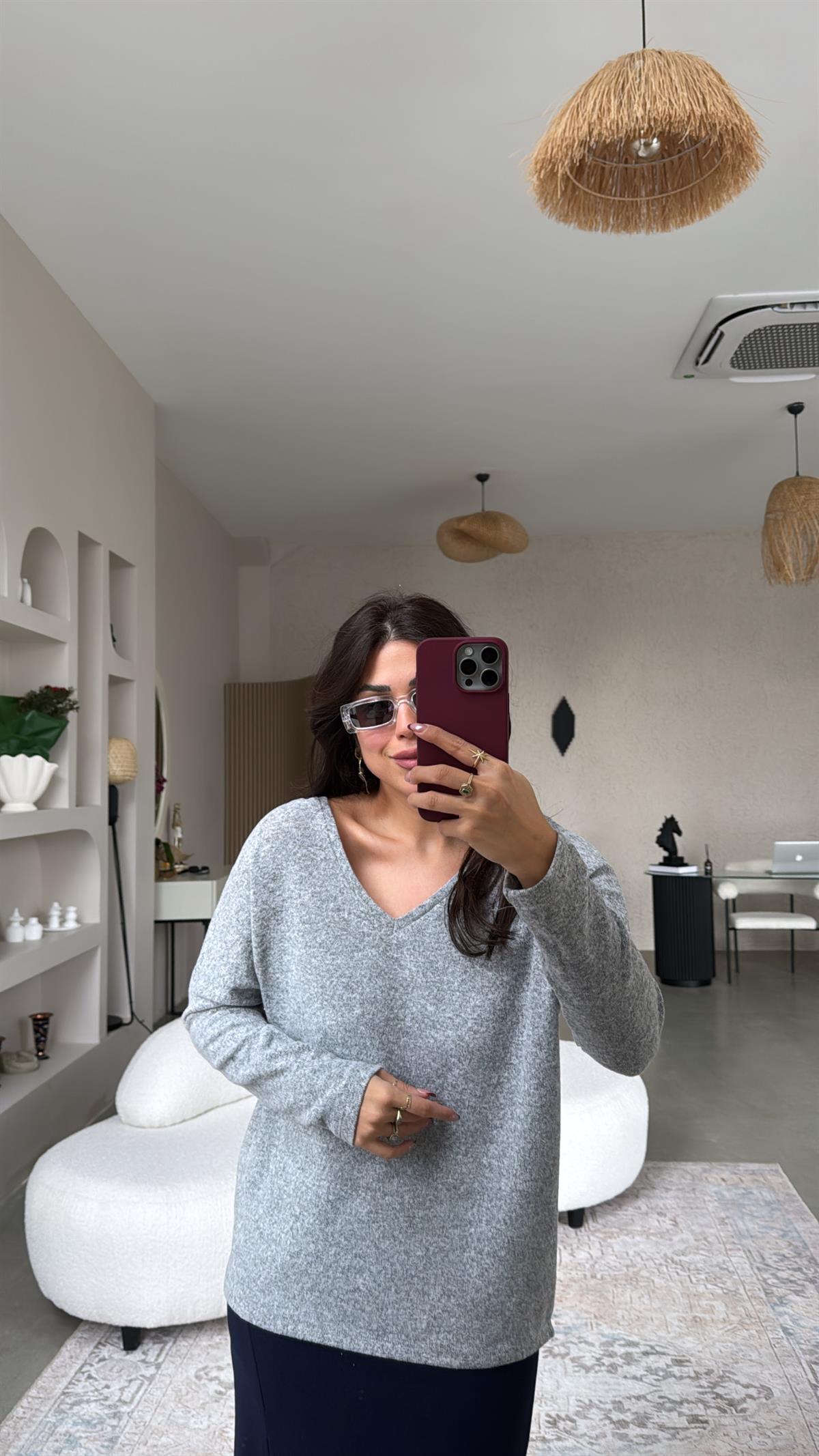 Gri Ön Arka V Yaka Bluz