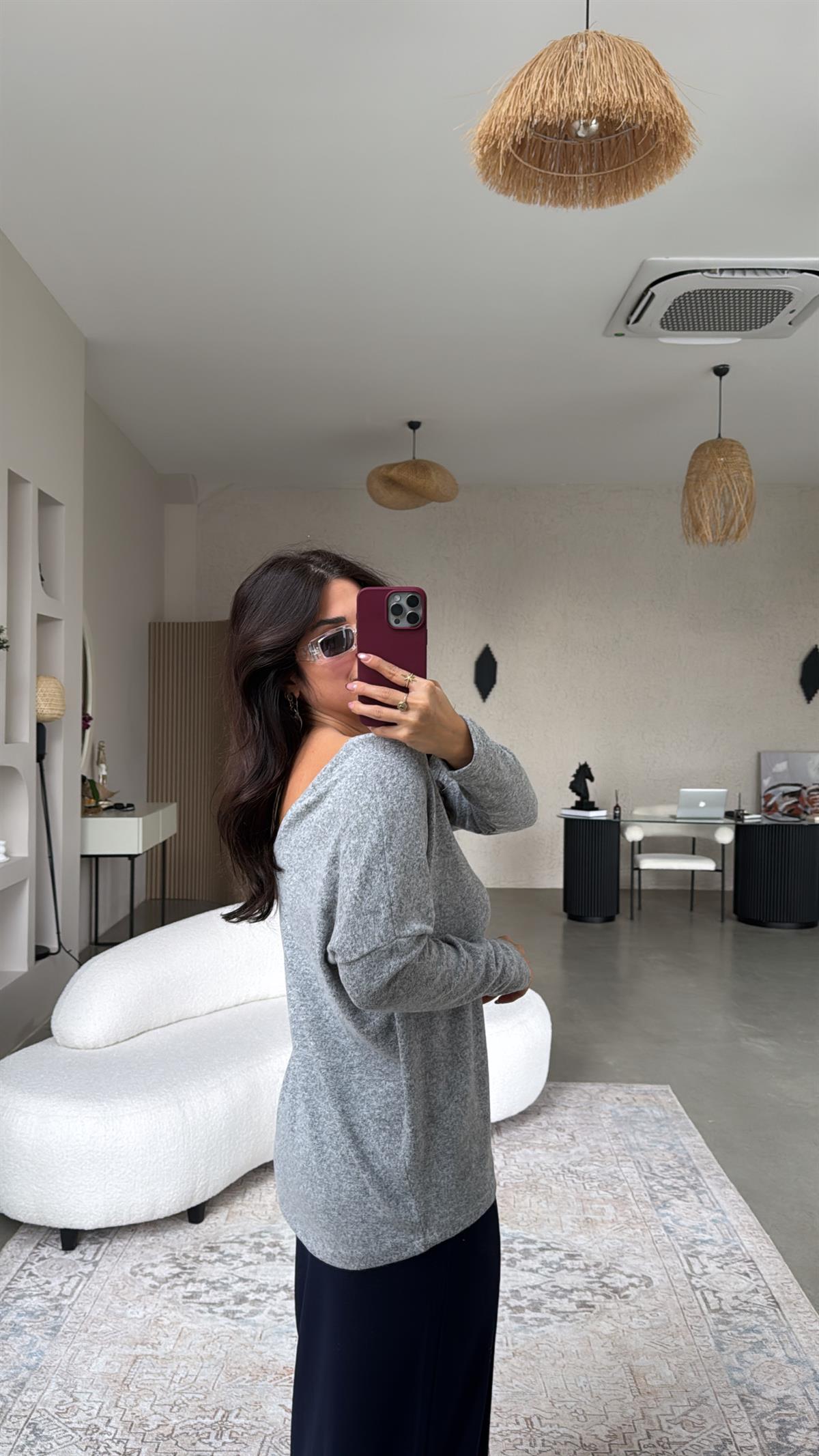 Gri Ön Arka V Yaka Bluz