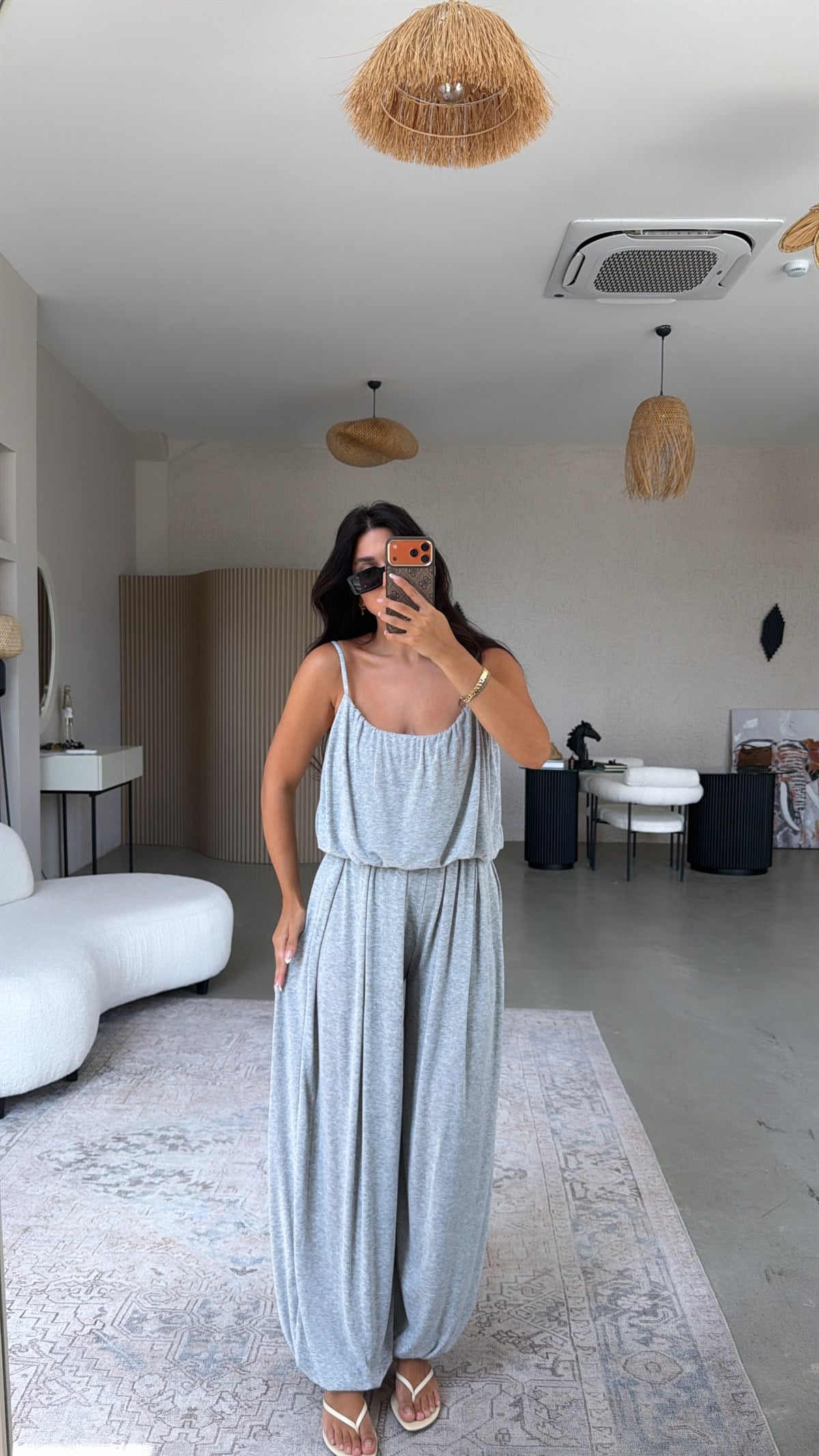 Gri Oys Model Askılı Bluz Şalvar Dökümlü Takım