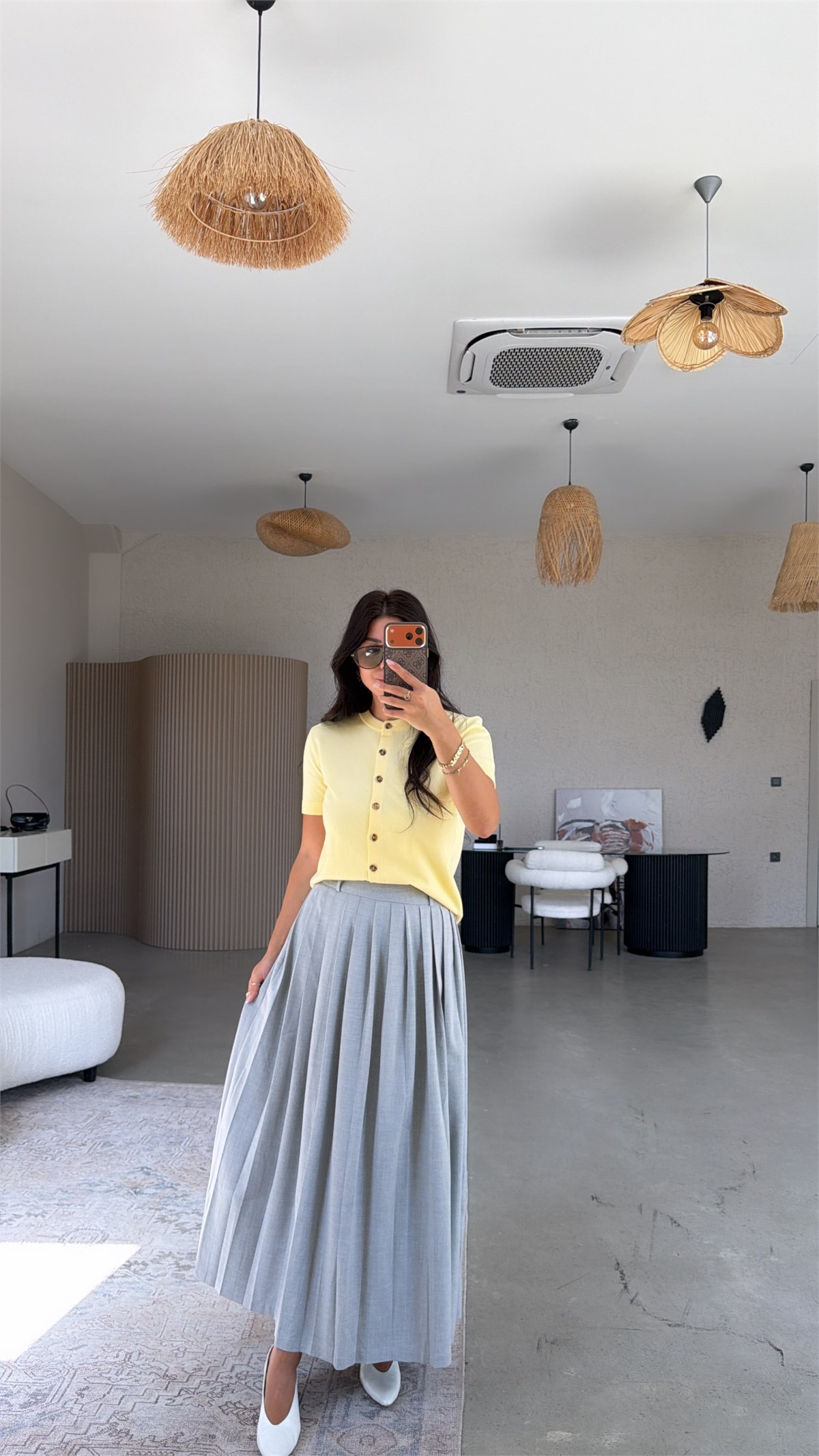 Gri Pileli Maxi Etek