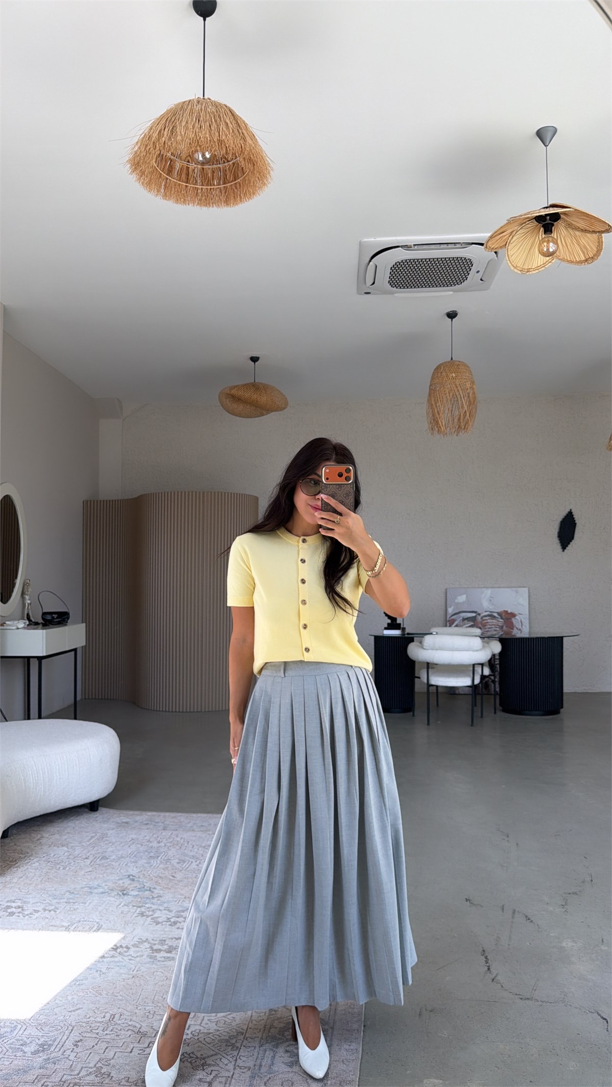 Gri Pileli Maxi Etek
