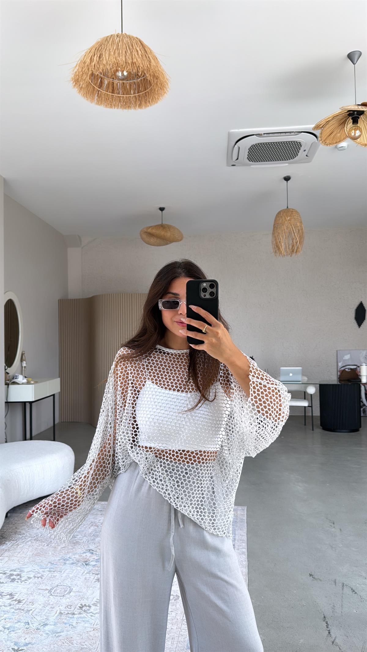 Gri Pırıltı File Bluz