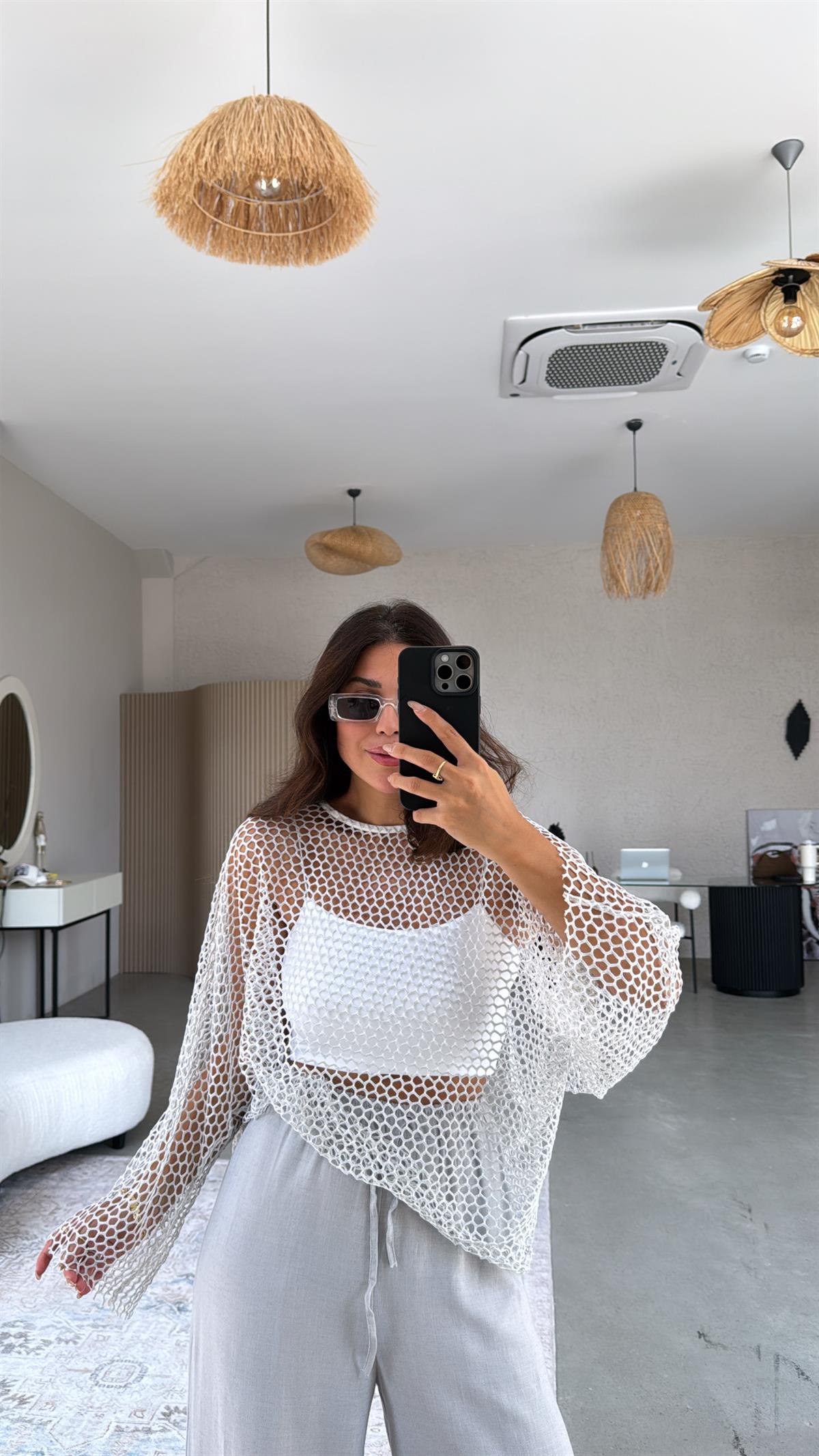 Gri Pırıltı File Bluz