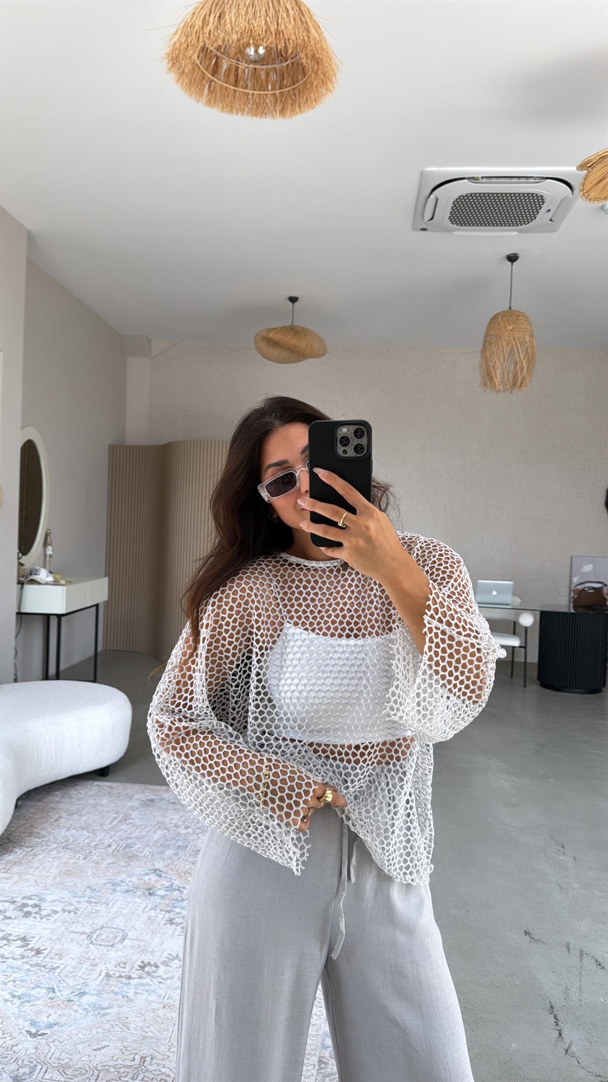 Gri Pırıltı File Bluz