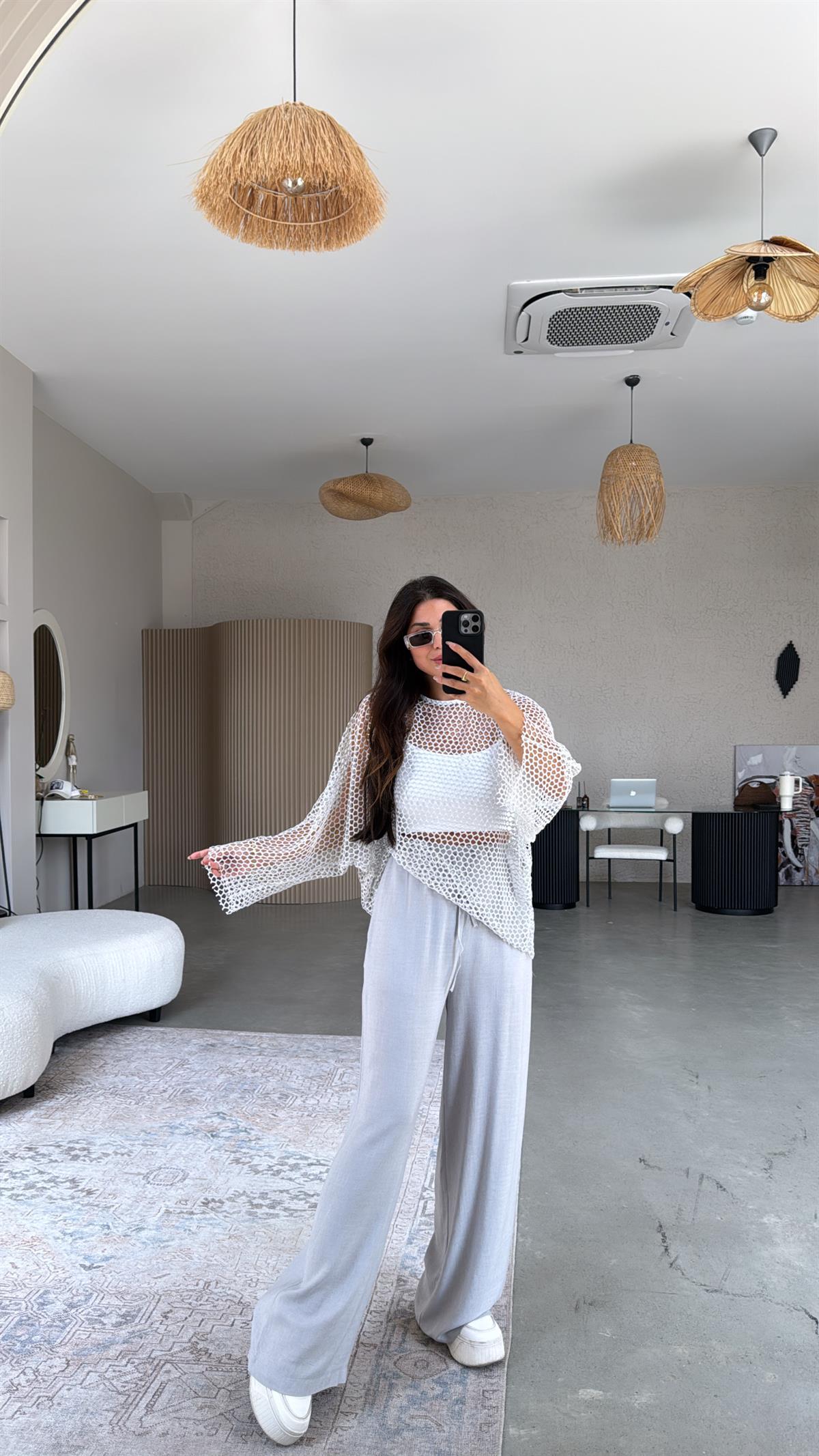 Gri Pırıltı File Bluz