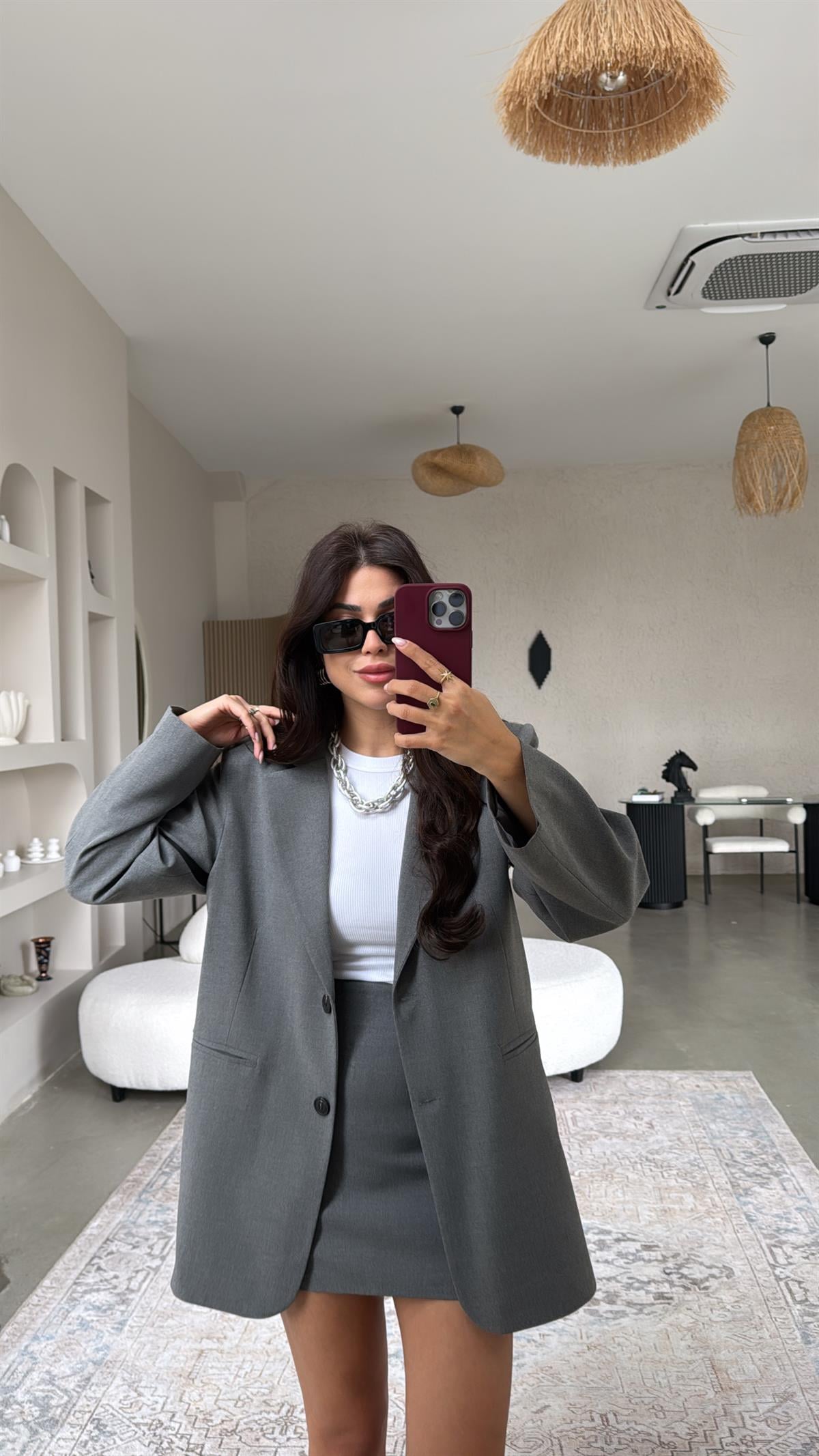 Gri Premium Etek Ceket Takım