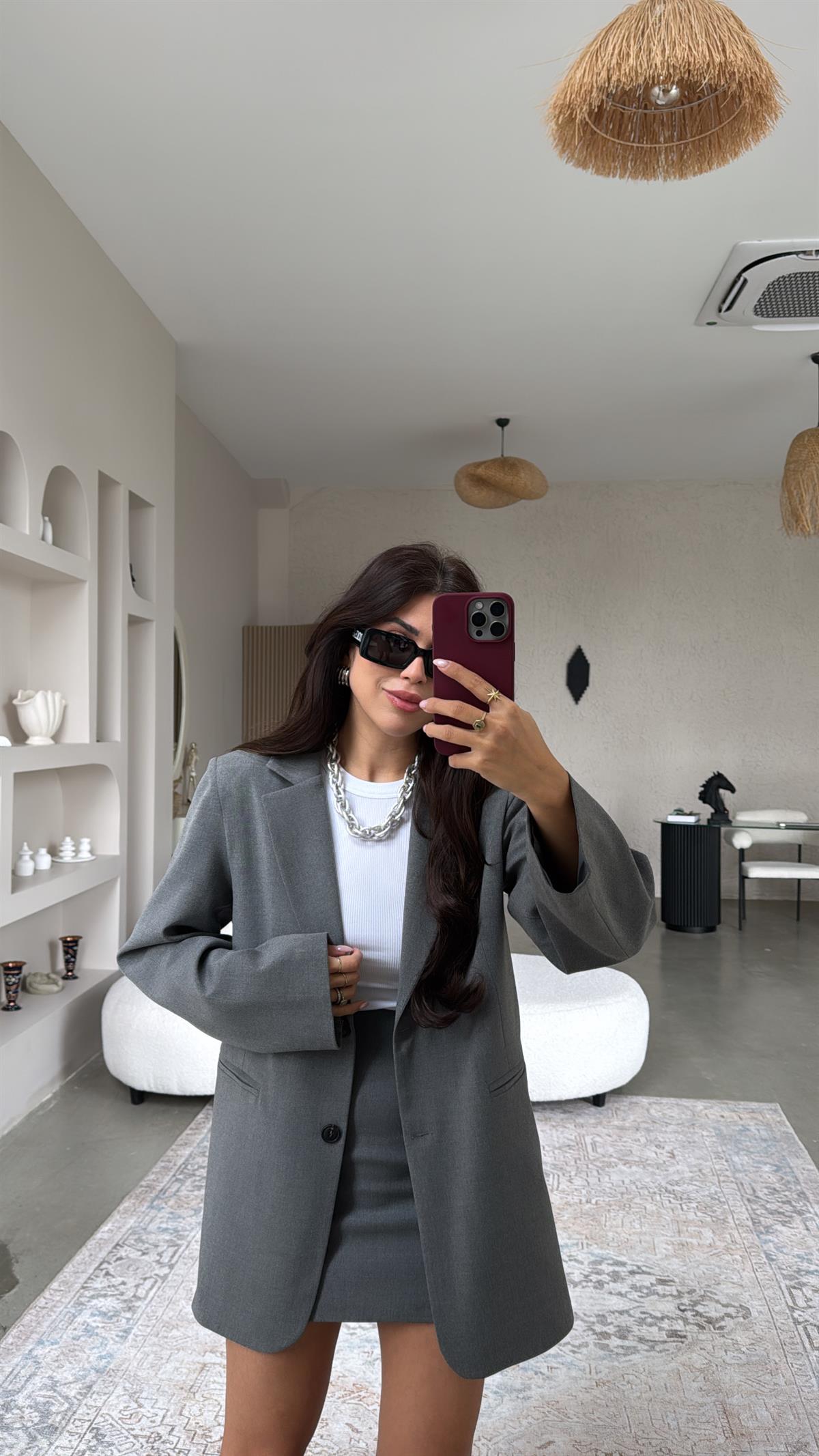 Gri Premium Etek Ceket Takım