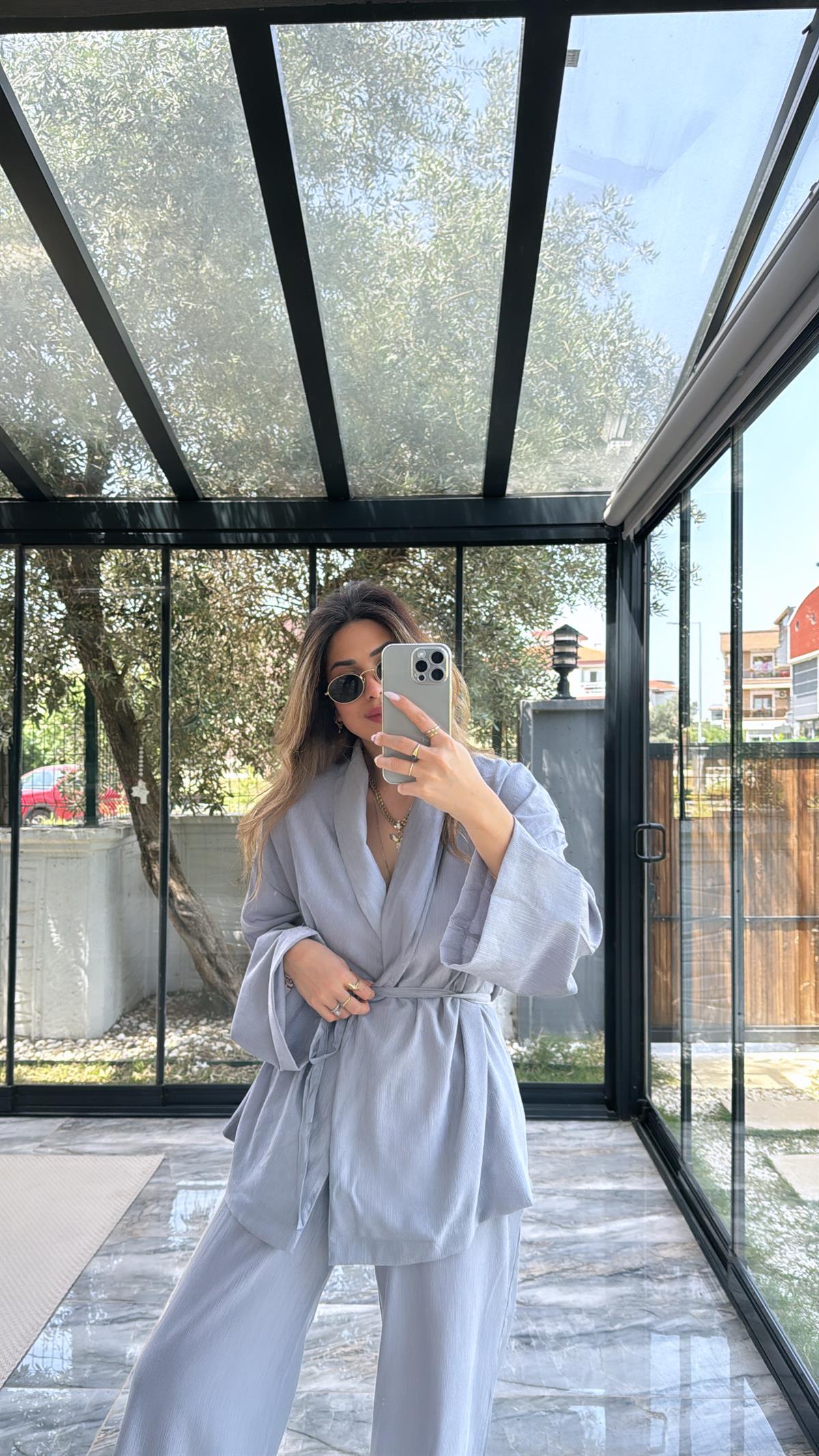 Gri Şal Yaka Kimono Takım