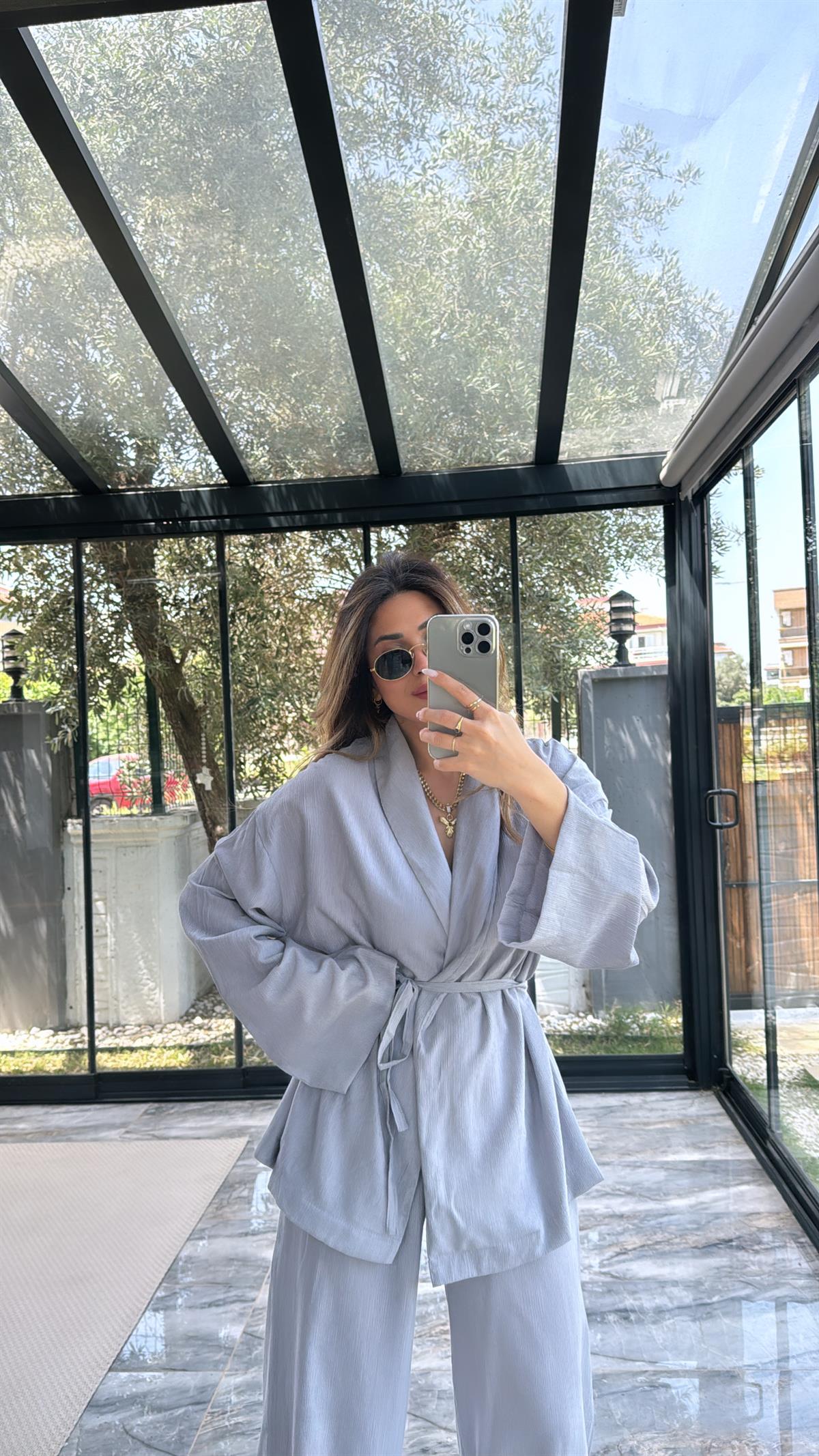 Gri Şal Yaka Kimono Takım