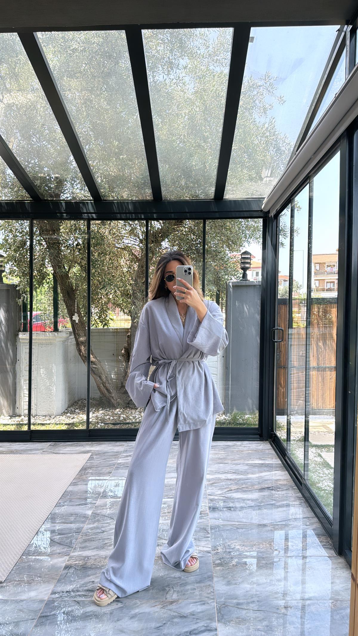 Gri Şal Yaka Kimono Takım